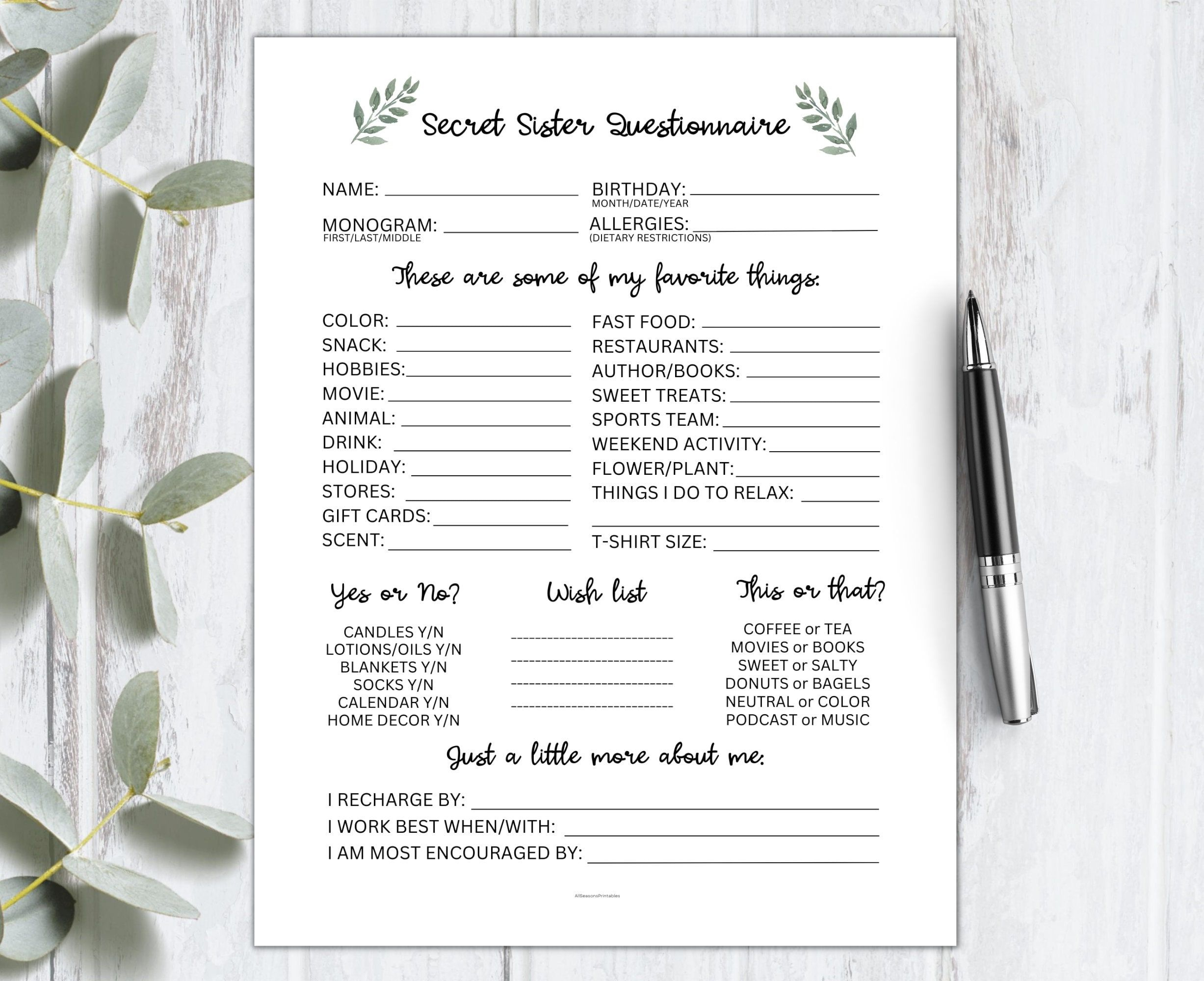 Free Printable Secret Sister Questionnaire - Printable Party Favors for Free Printable Secret Sister Forms