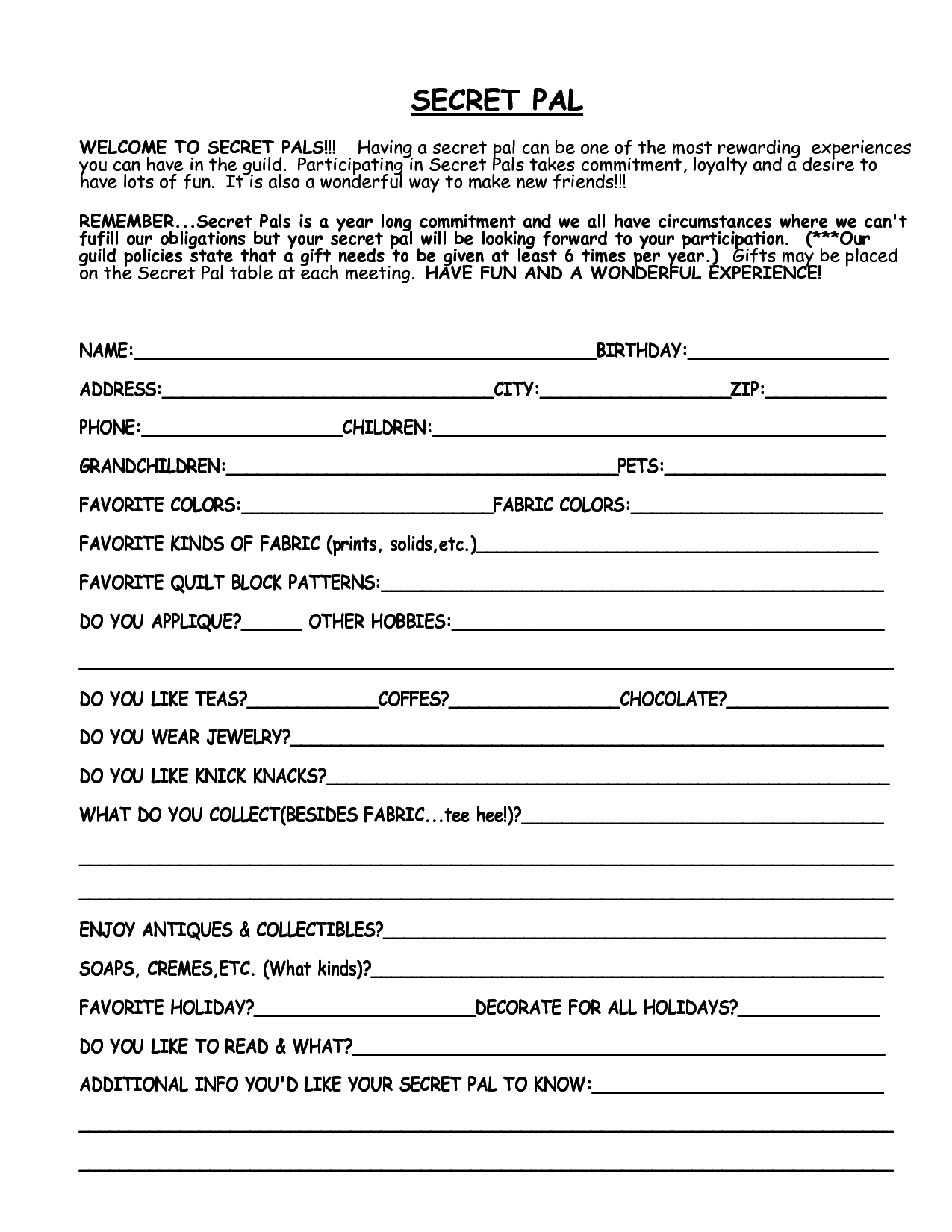 Free Printable Secret Sister Questionnaire - Printable Party Favors within Free Printable Secret Sister Questionnaire