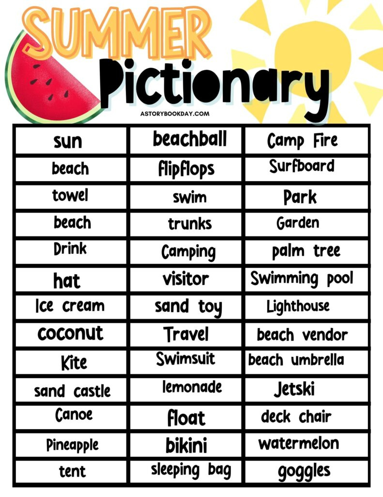 Free Printable Summer Pictionary Game for Free Printable Pictionary Word List