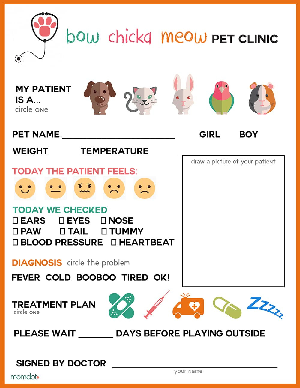 Free Printable: Vet Office Pretend Play Sheet in Dramatic Play Vet Clinic Free Printables