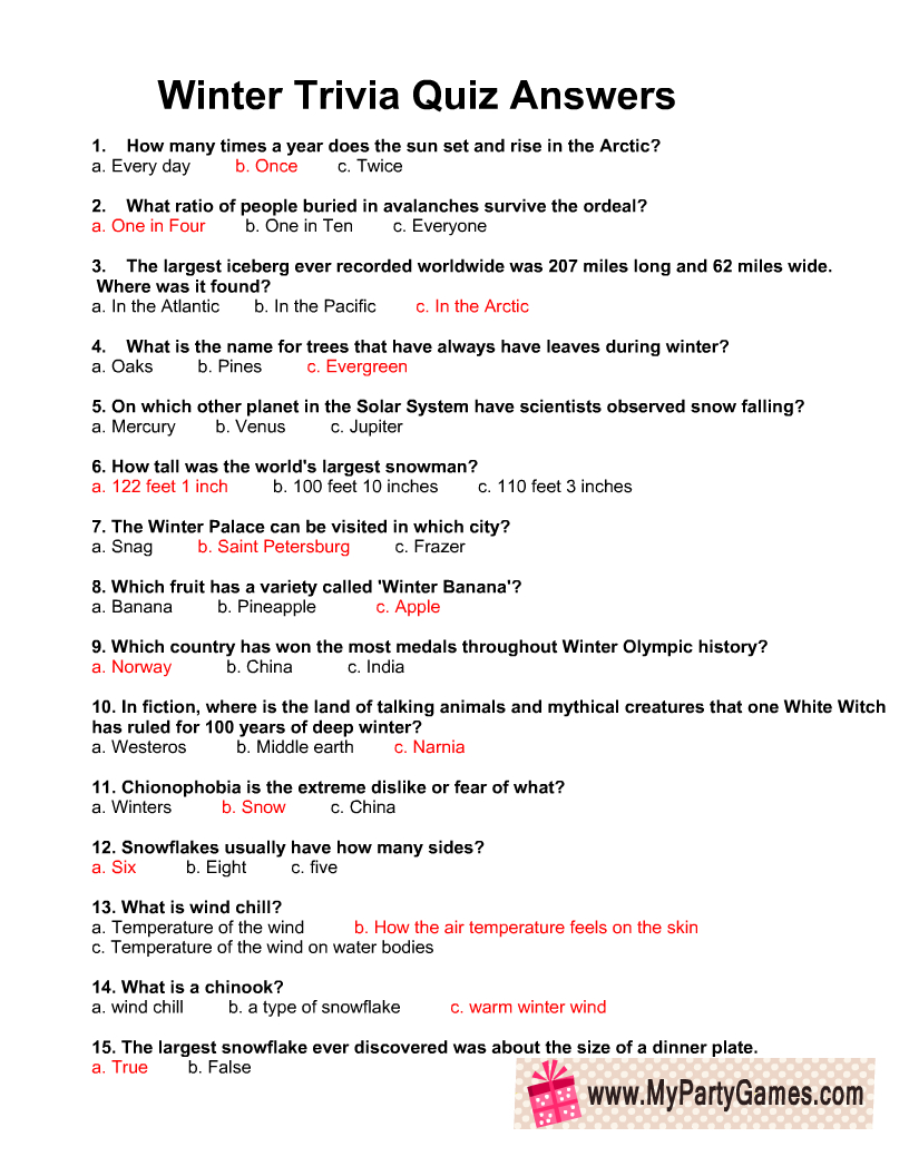 Free Printable Winter Trivia Quiz With Answers - Worksheets Library pertaining to Free Printable Trivia Questions And Answers For Seniors