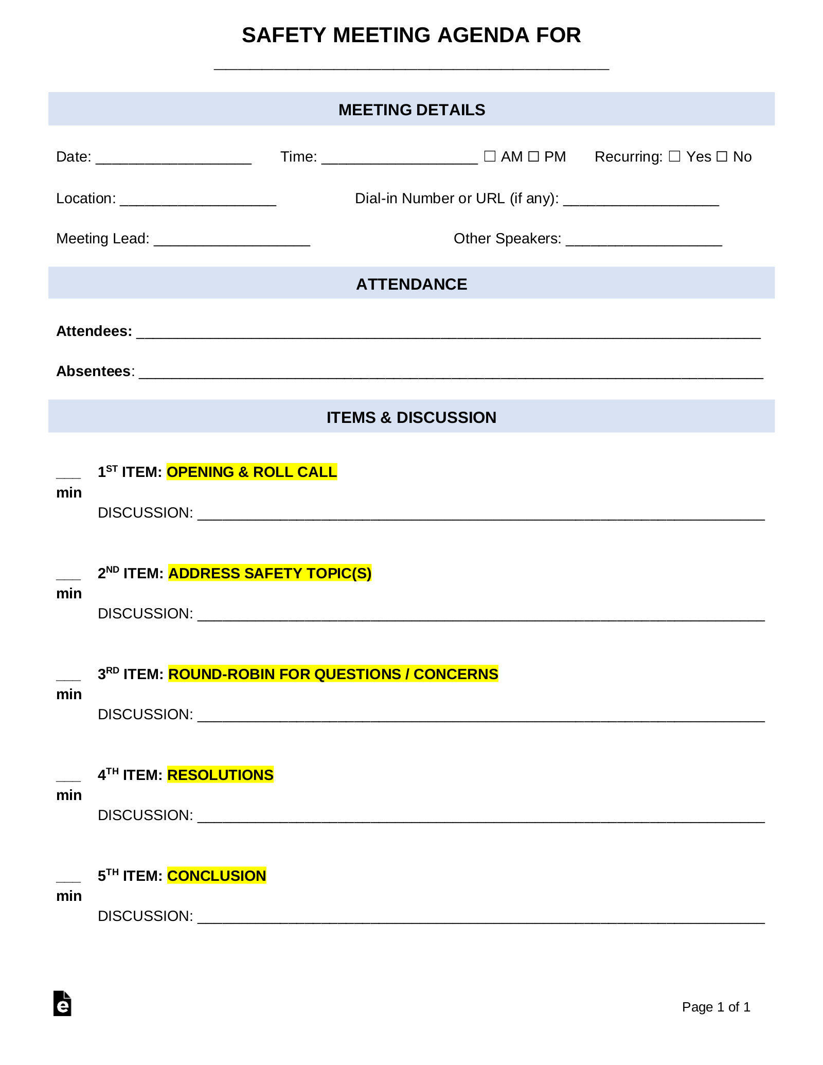 Free Safety Meeting Agenda Template - Pdf | Word – Eforms within Free Printable Safety Meeting Sheets