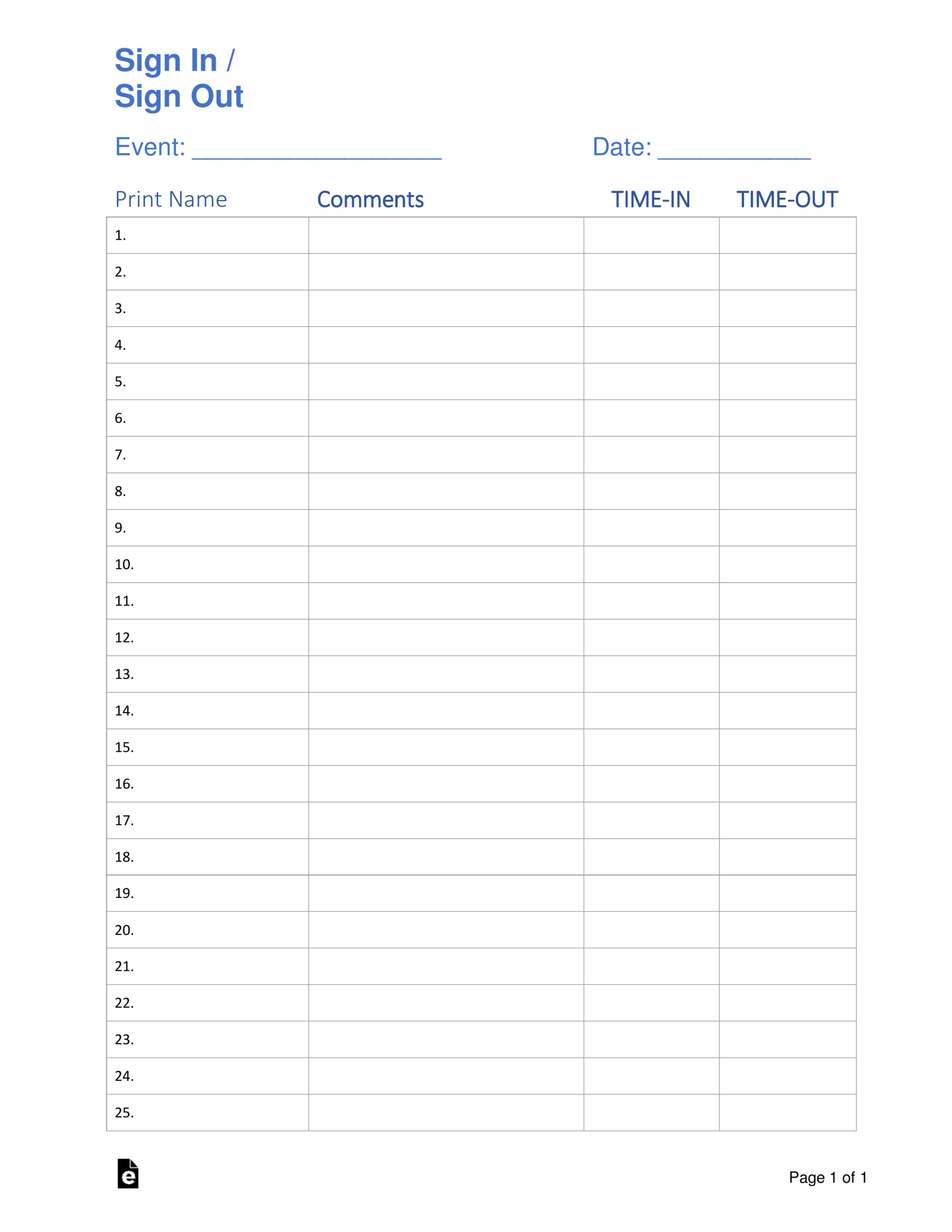 Free Sign In / Sign Up Sheet Templates - Pdf | Word – Eforms for Free Printable Sign in Sheet