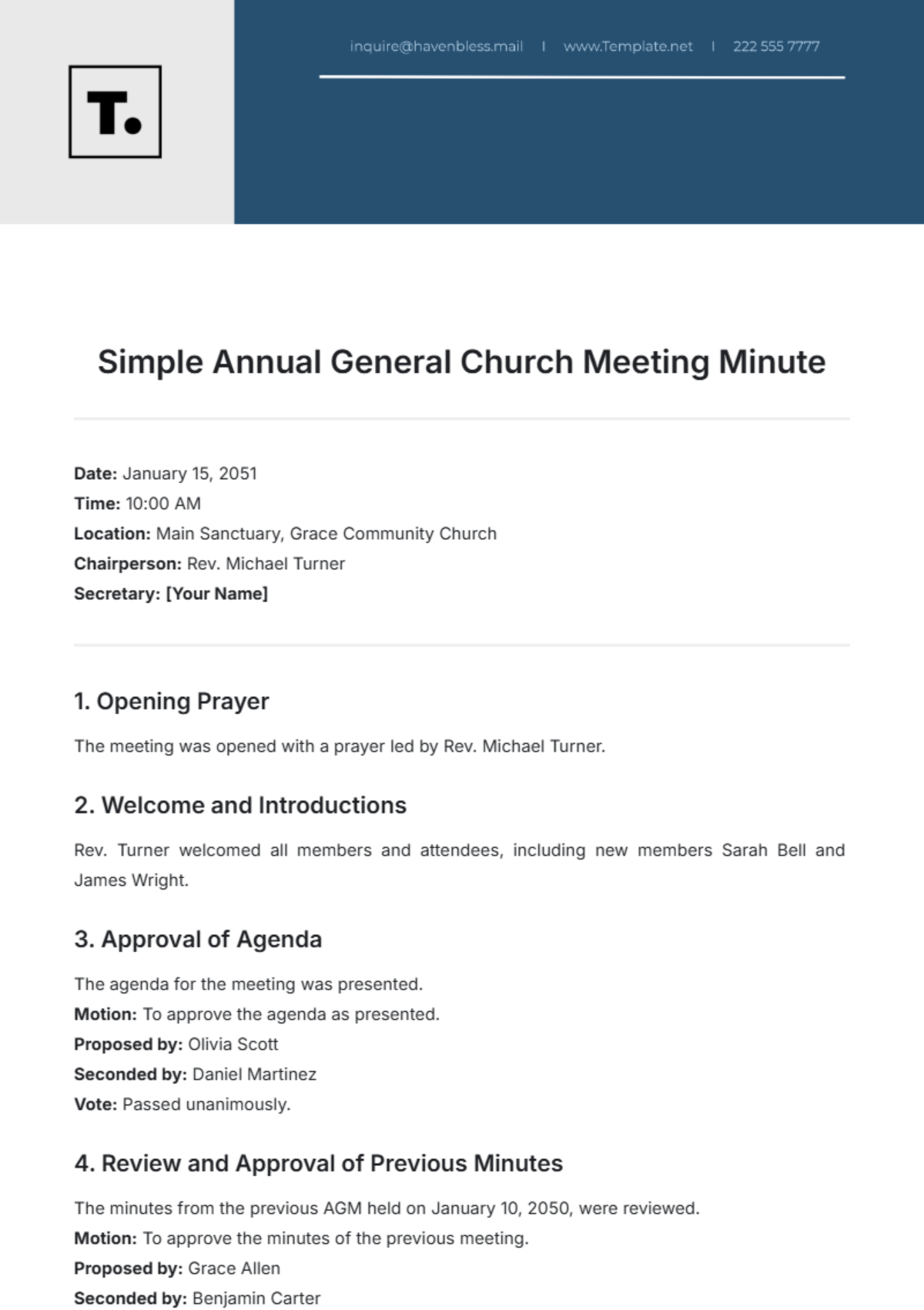 Free Simple Annual General Church Meeting Minute Template To Edit inside Free Church Minutes Template