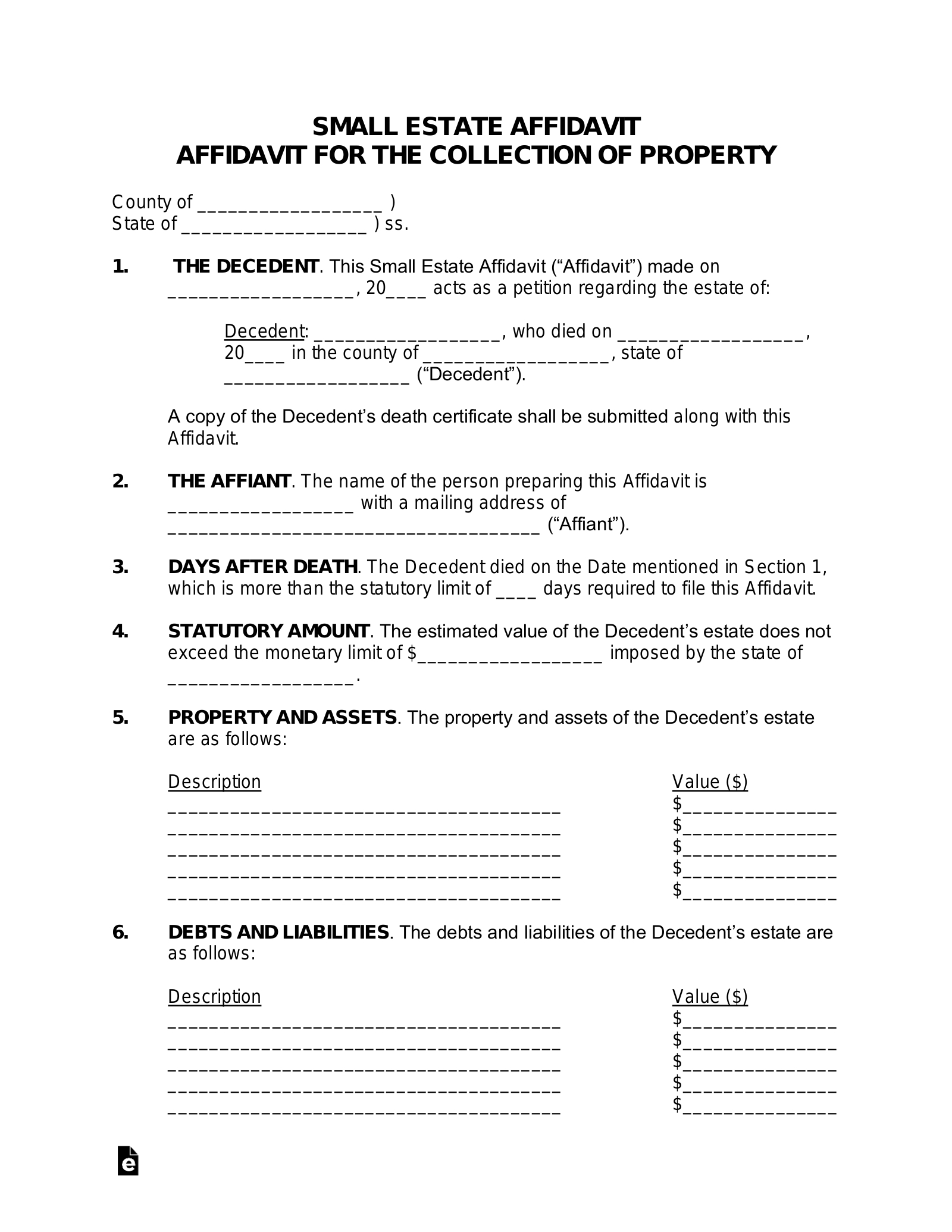 Free Small Estate Affidavit Form - Pdf | Word – Eforms in Free Printable Executor Of Estate Form