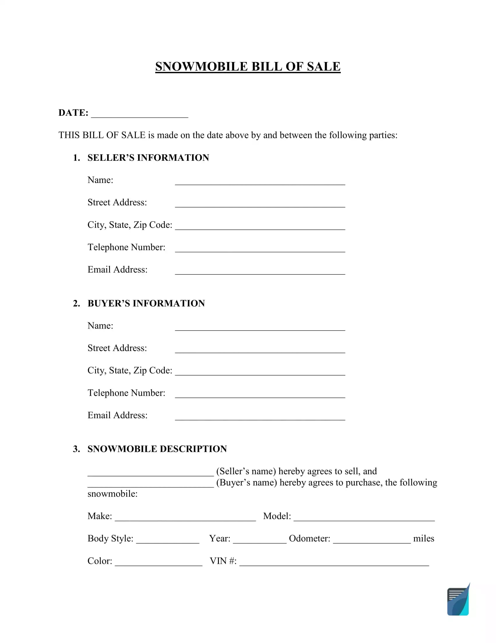 Free Snowmobile Bill Of Sale Form | Download Pdf | Formspal regarding Free Snowmobile Templates