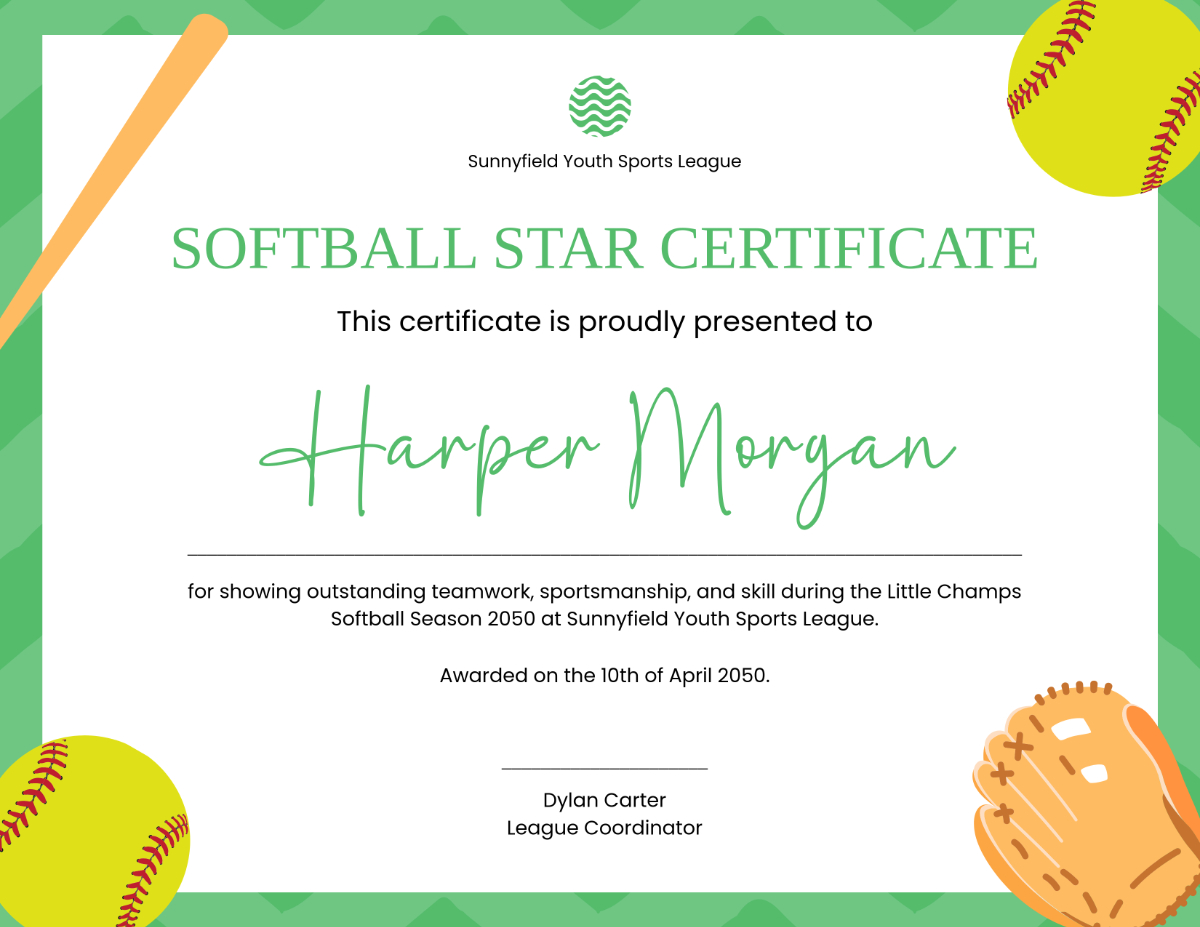 Free Softball Certificate For Kids Template To Edit Online for Free Printable Softball Certificates