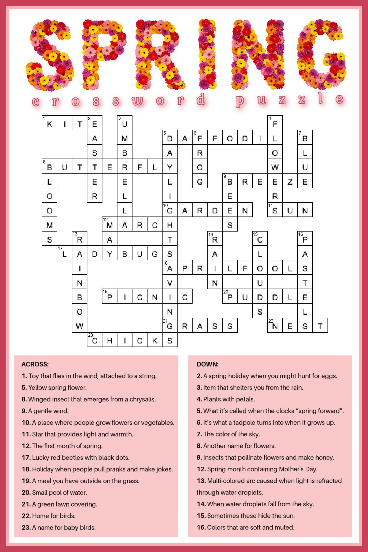 Free Spring Crossword Puzzle Printable - Answer Key Included inside Free Easy Printable Crossword Puzzles For Adults with Answers