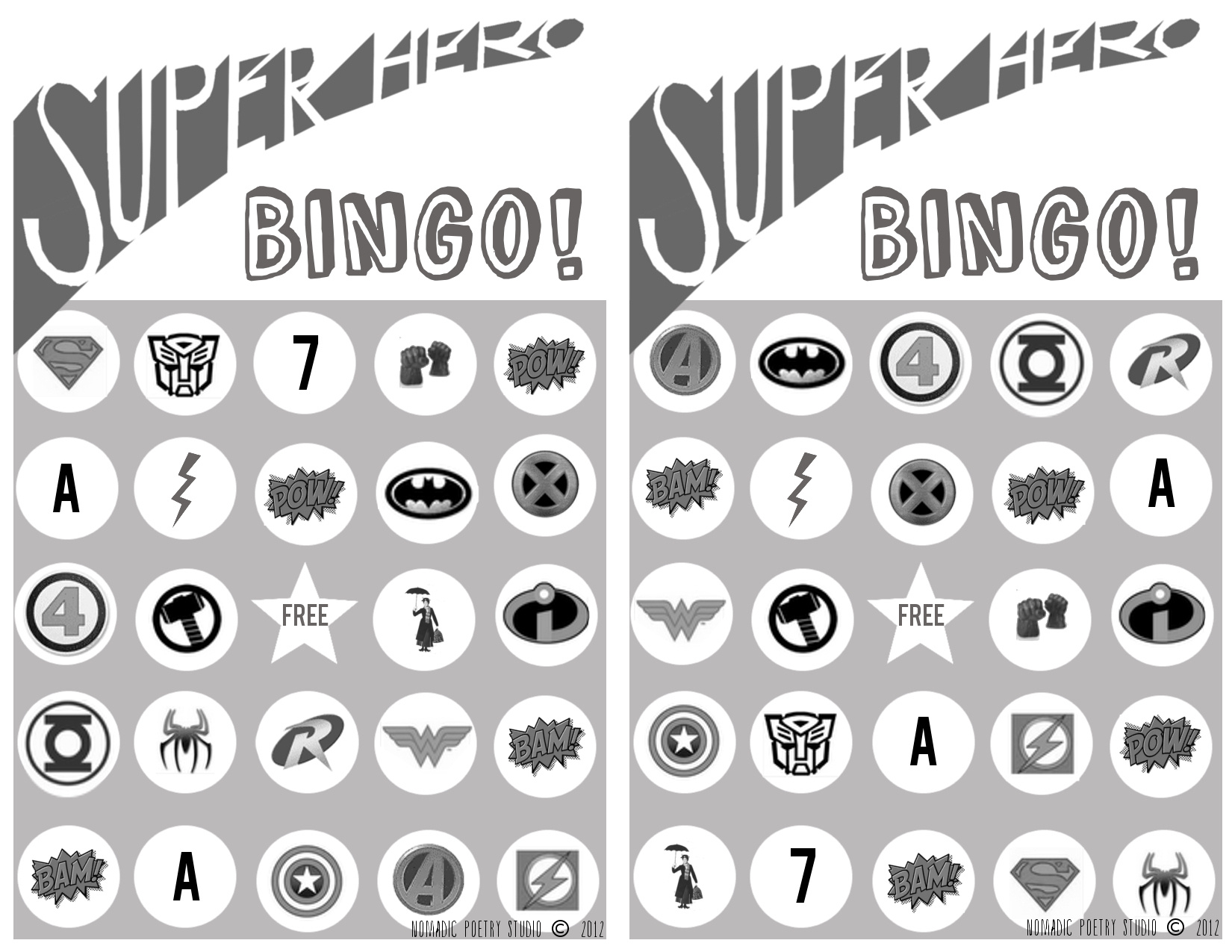 Free Super Hero Bingo Printables – Nomadic Poetry Studio throughout Superhero Bingo Free Printable