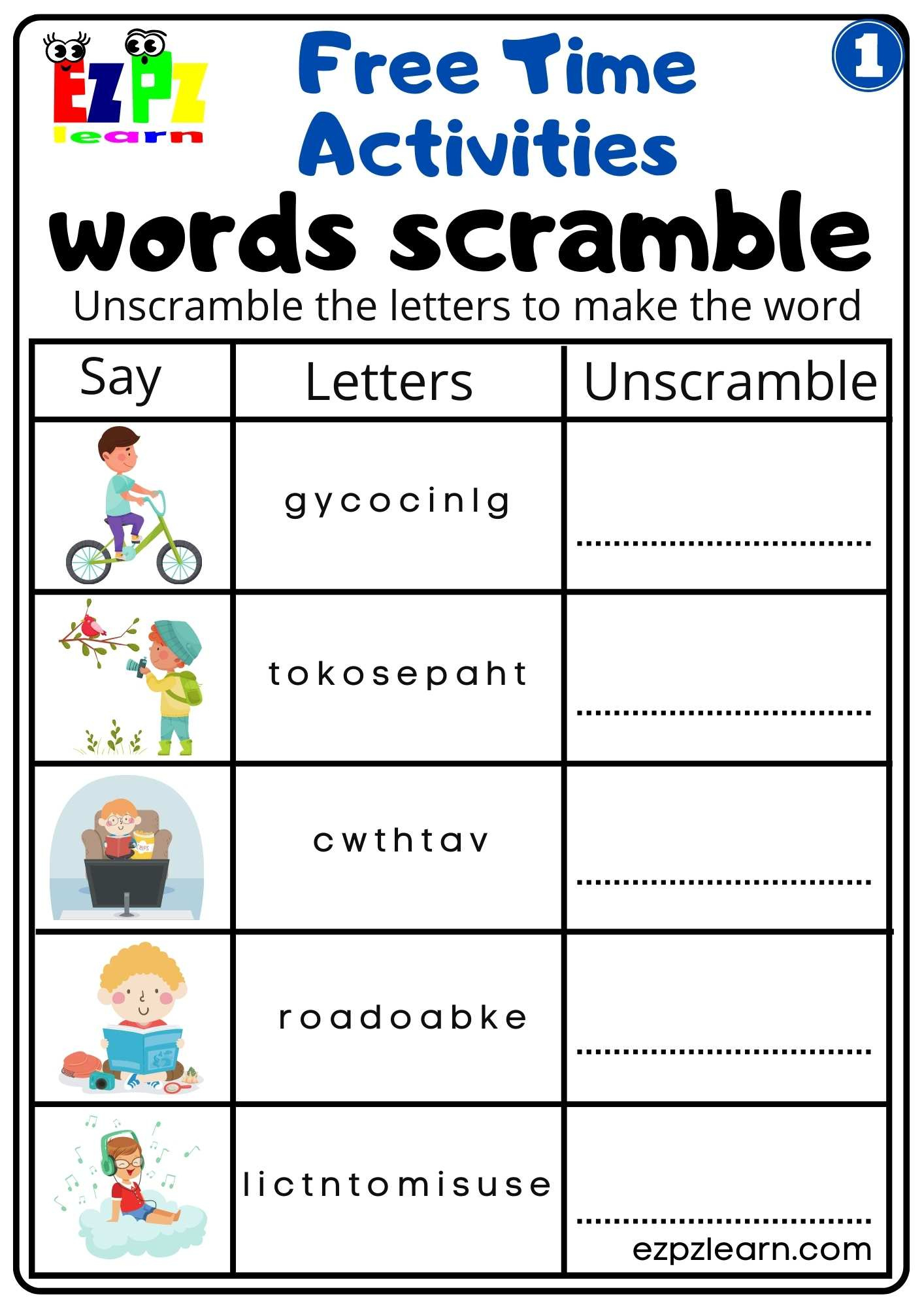 Free Time Activities Easy Word Scramble Worksheet Activity For throughout Free Printable Esl Games