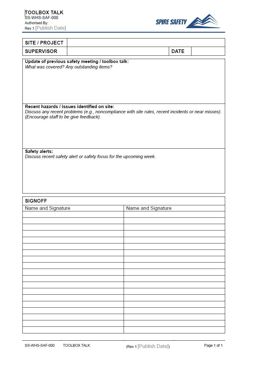 Free Toolbox Talk Template - Spire Safety Consultants for Free Printable Safety Meeting Sheets