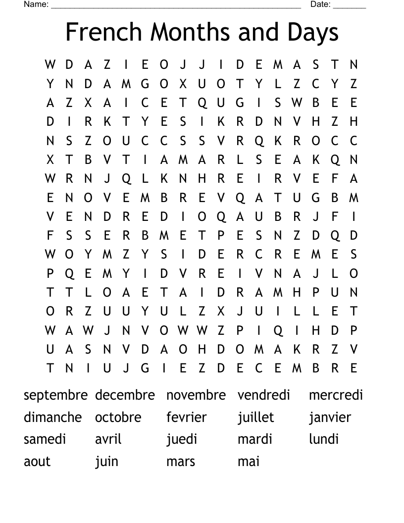 French Months And Days Word Search - Wordmint inside French Word Searches Free Printable