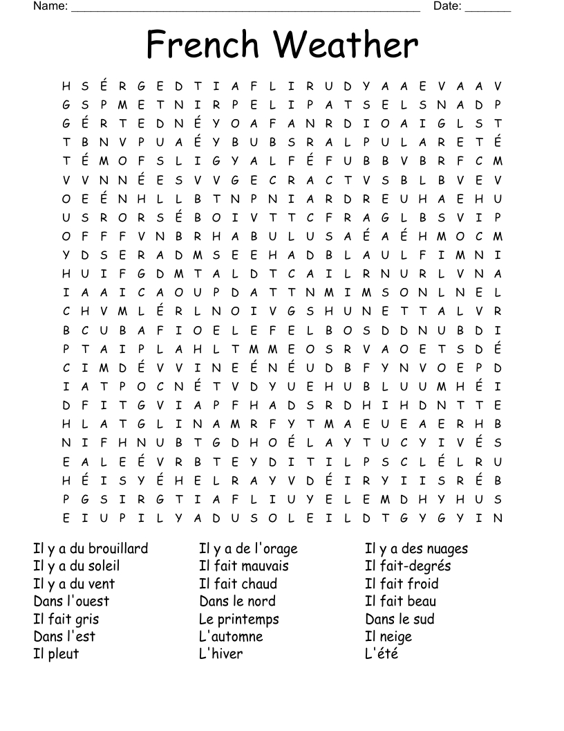French Weather Word Search - Wordmint pertaining to French Word Searches Free Printable