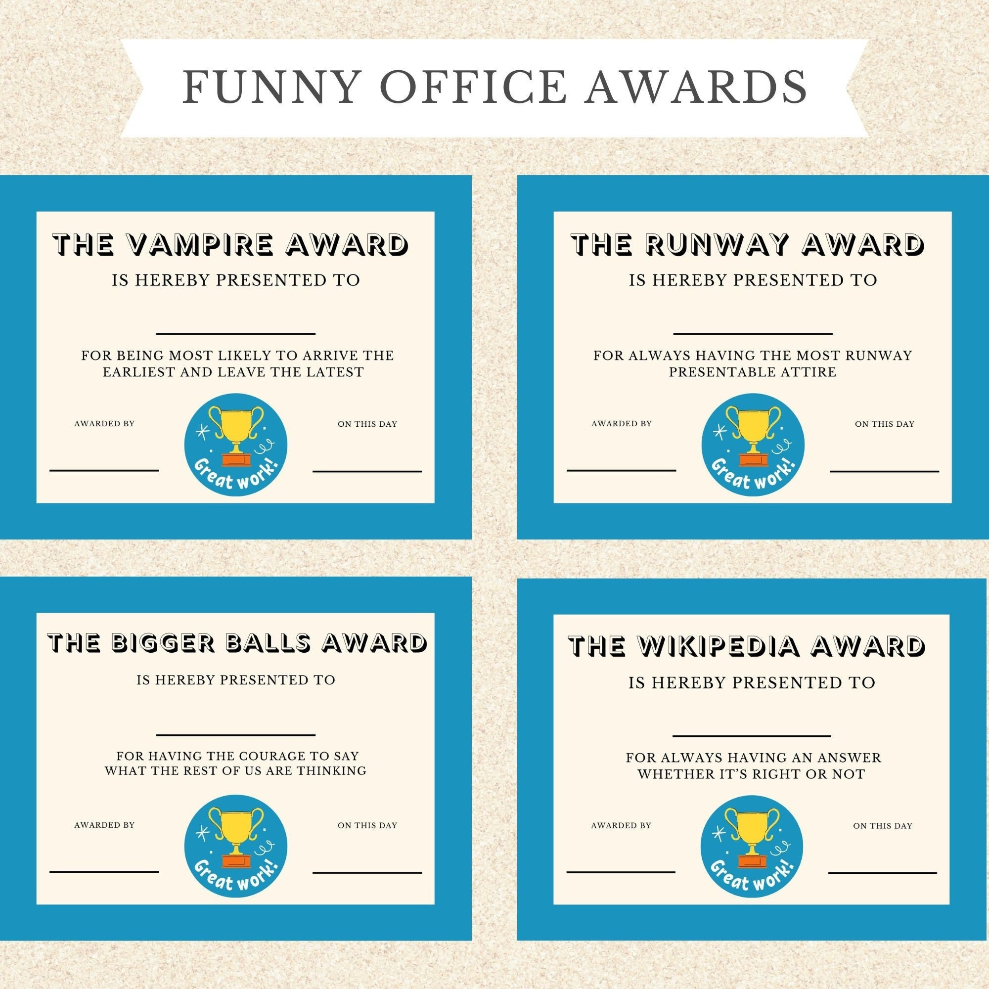 Funny Office Coworker Awards, Funny Employee Award Printable in Funny Awards For Employees Free Printables