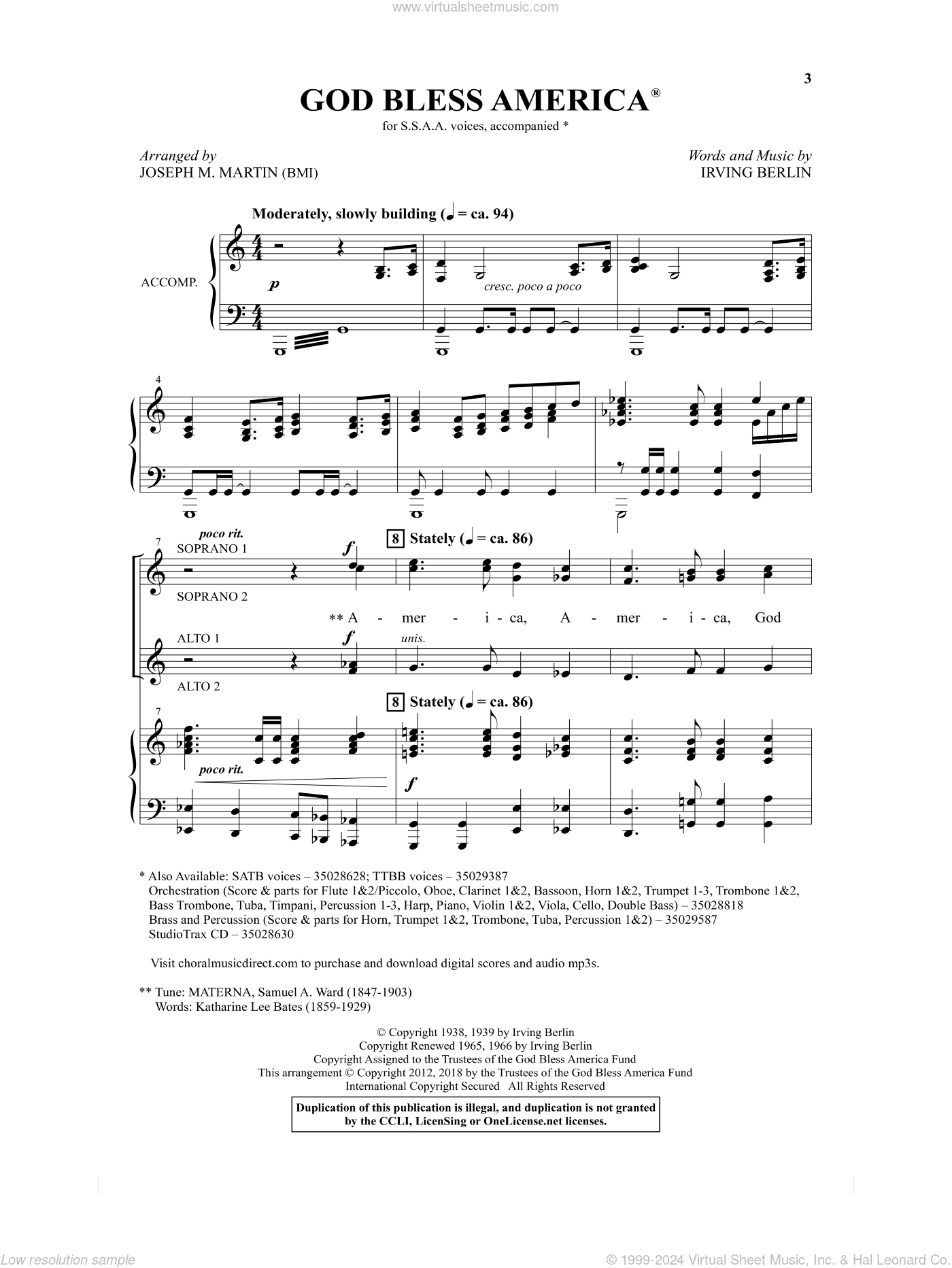 God Bless America (Arr. Joseph M. Martin) Sheet Music For Choir regarding Free Printable God Bless America Sheet Music