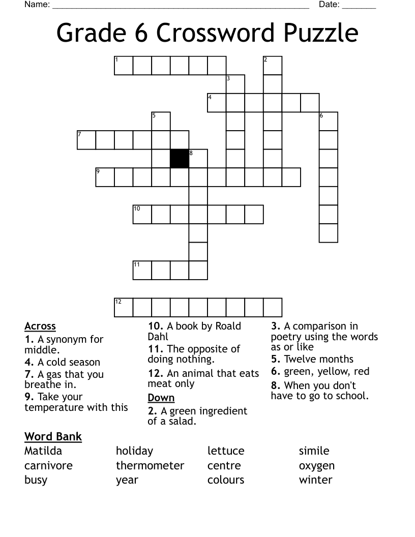Grade 6 Crossword Puzzle - Wordmint inside Free Printable Crossword Puzzles For 6Th Graders