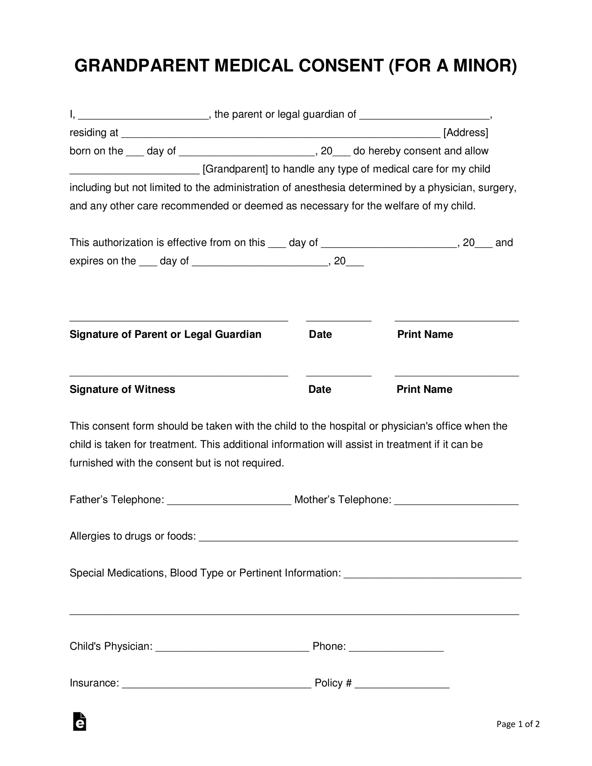 Grandparents&#039; Medical Consent Form – Minor (Child) – Eforms with Free Printable Medical Consent Form For Grandparents