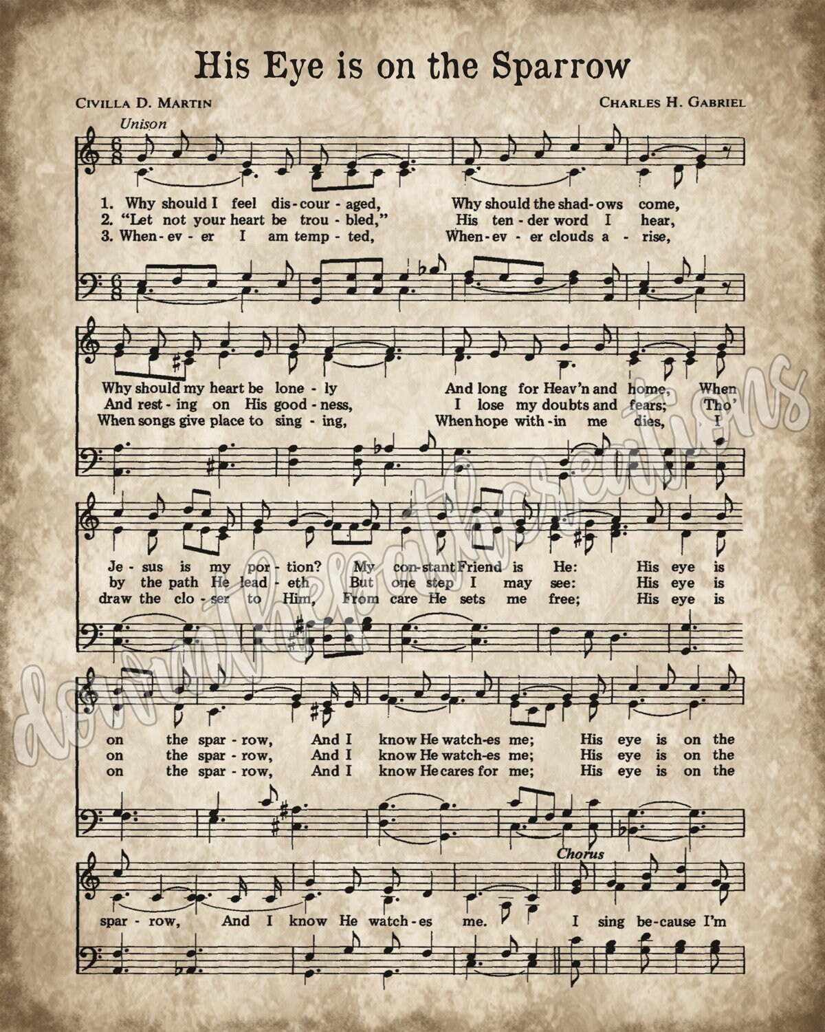 His Eye Is On The Sparrow Print, Printable Vintage Sheet Music pertaining to His Eye Is On the Sparrow Free Printable Sheet Music