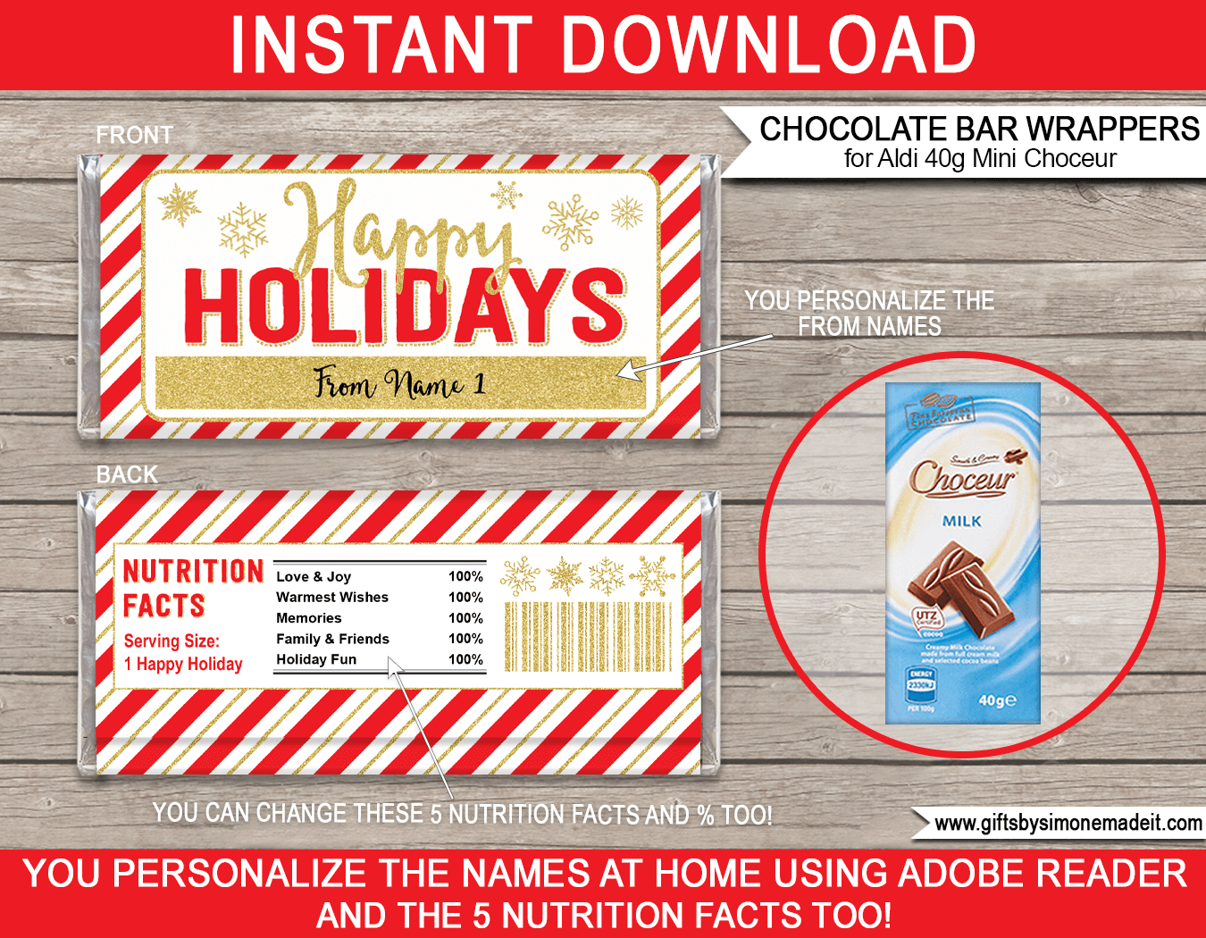 Holiday Chocolate Bar Wrappers (Mini Choceur) - Red &amp;amp; Gold with Free Printable Chocolate Bar Wrappers Templates