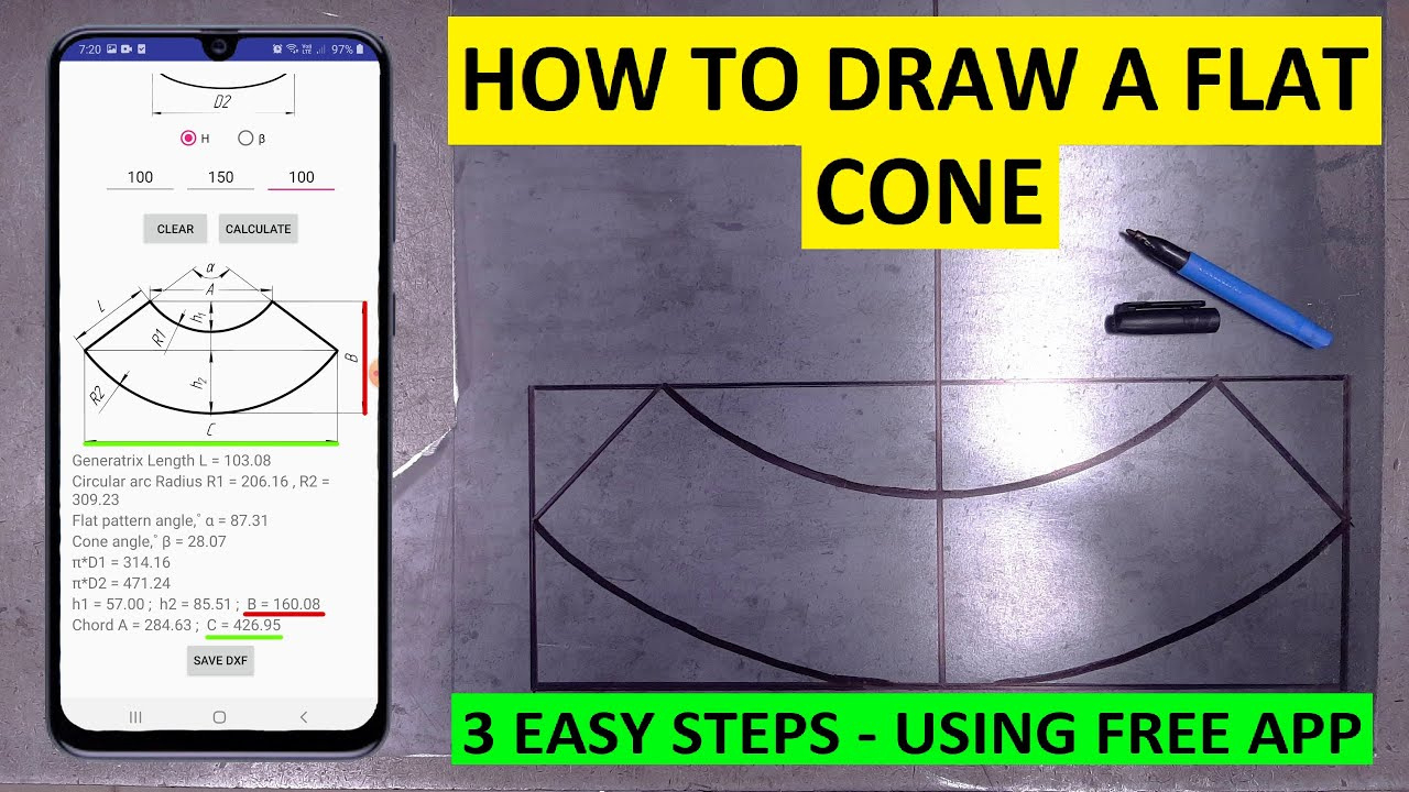 How To Draw A Flat Pattern Truncated Cone In 3 Easy Steps With Free App! intended for Flat Cone Calculator Pattern Printable