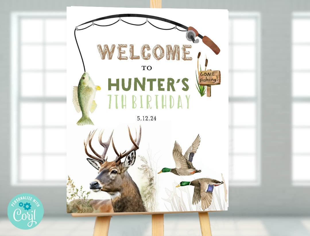 Hunting Fishing Birthday Party Welcome Sign, Hunting Fishing Party inside Free Printable Hunting Birthday Cards