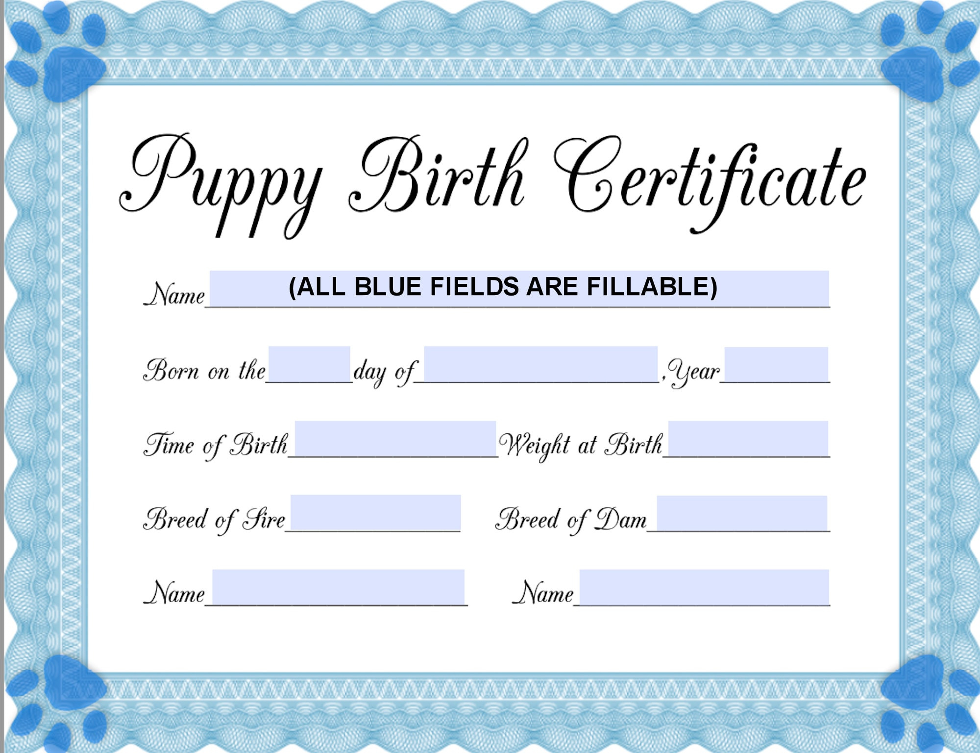 Instant Fillable Printable Pdf Puppy Birth Certificate (Blue-Male with regard to Printable Free Puppy Birth Certificate Template