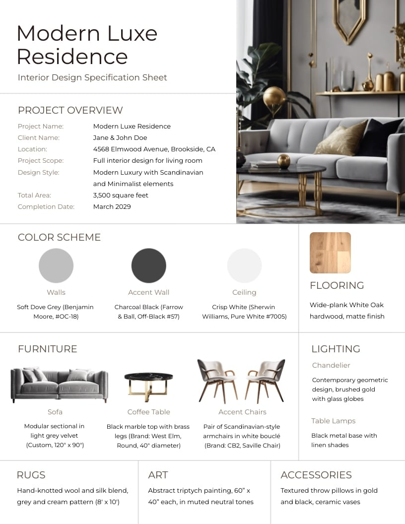 Interior Design Spec Sheet Template | Visme pertaining to Free Interior Design Spec Sheet Template
