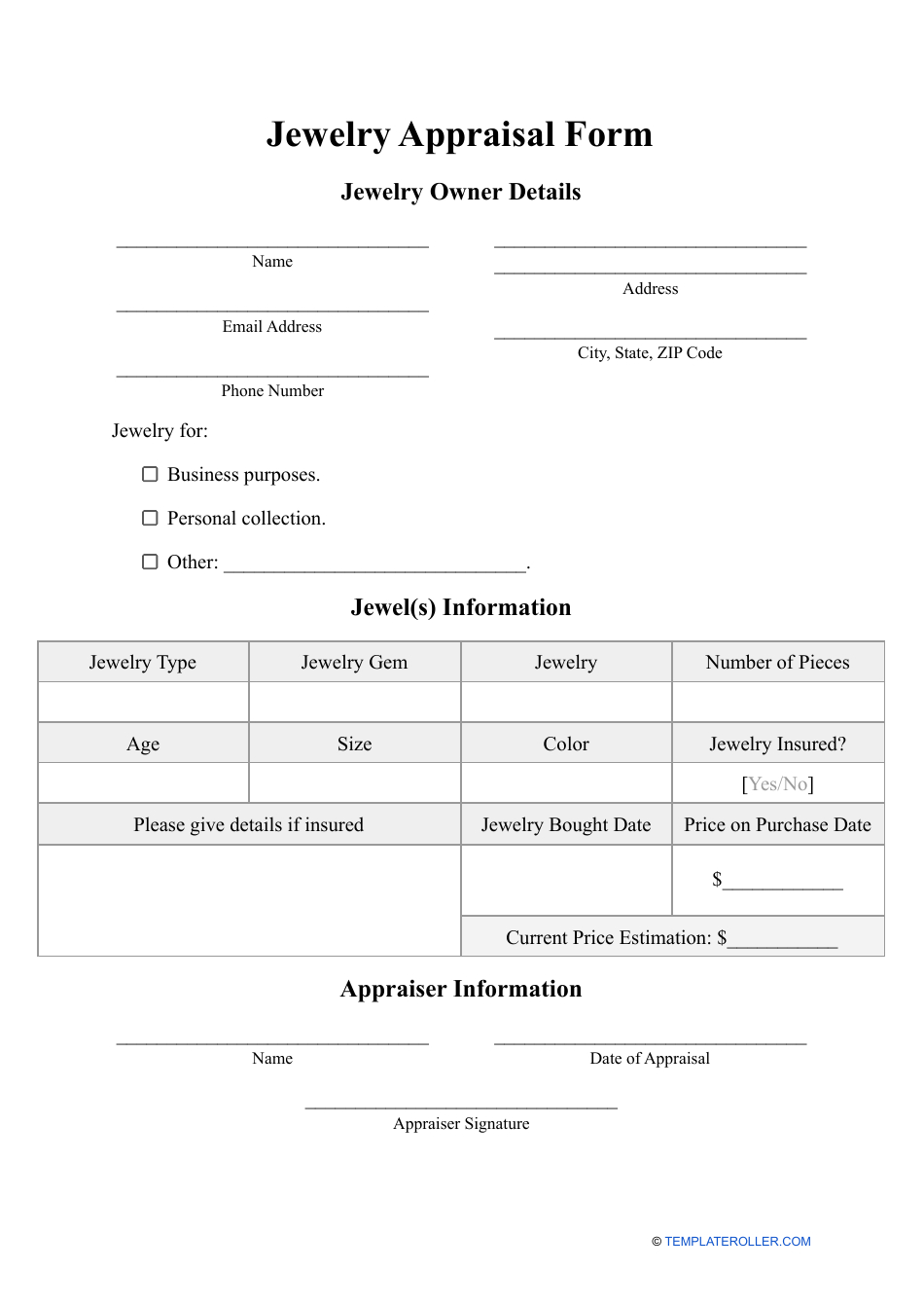 Jewelry Appraisal Form - Fill Out, Sign Online And Download Pdf within Free Printable Jewelry Appraisal Form