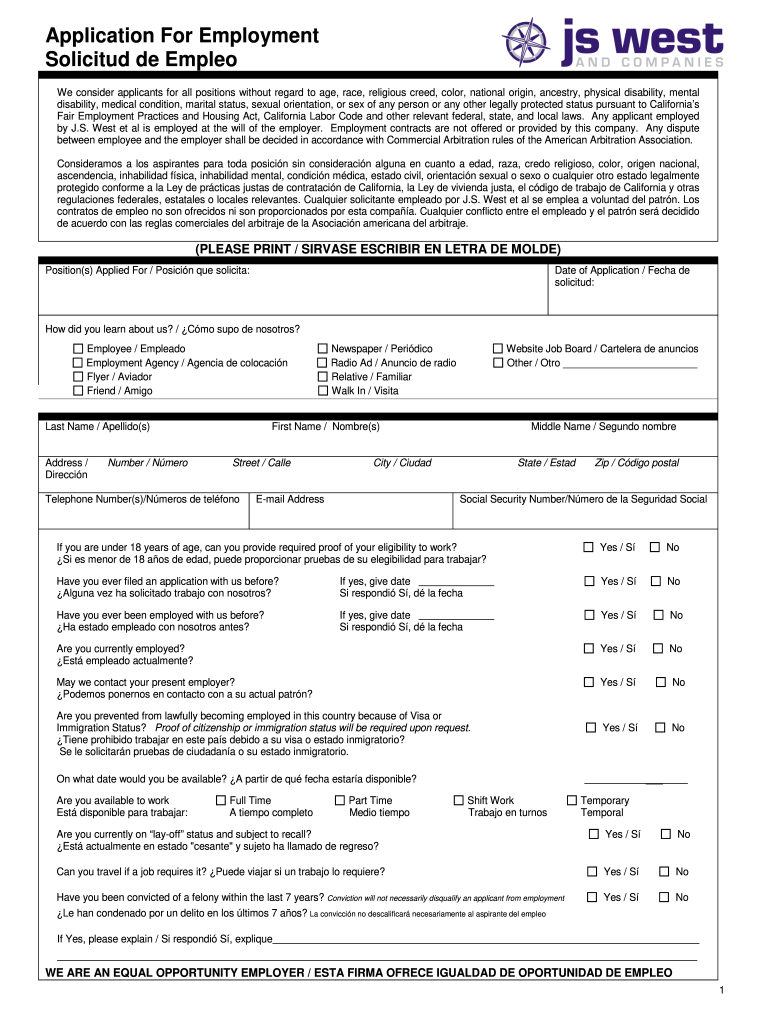 Js West Application For Employment Form - Fill Online, Printable throughout Free Printable Spanish Job Application Form