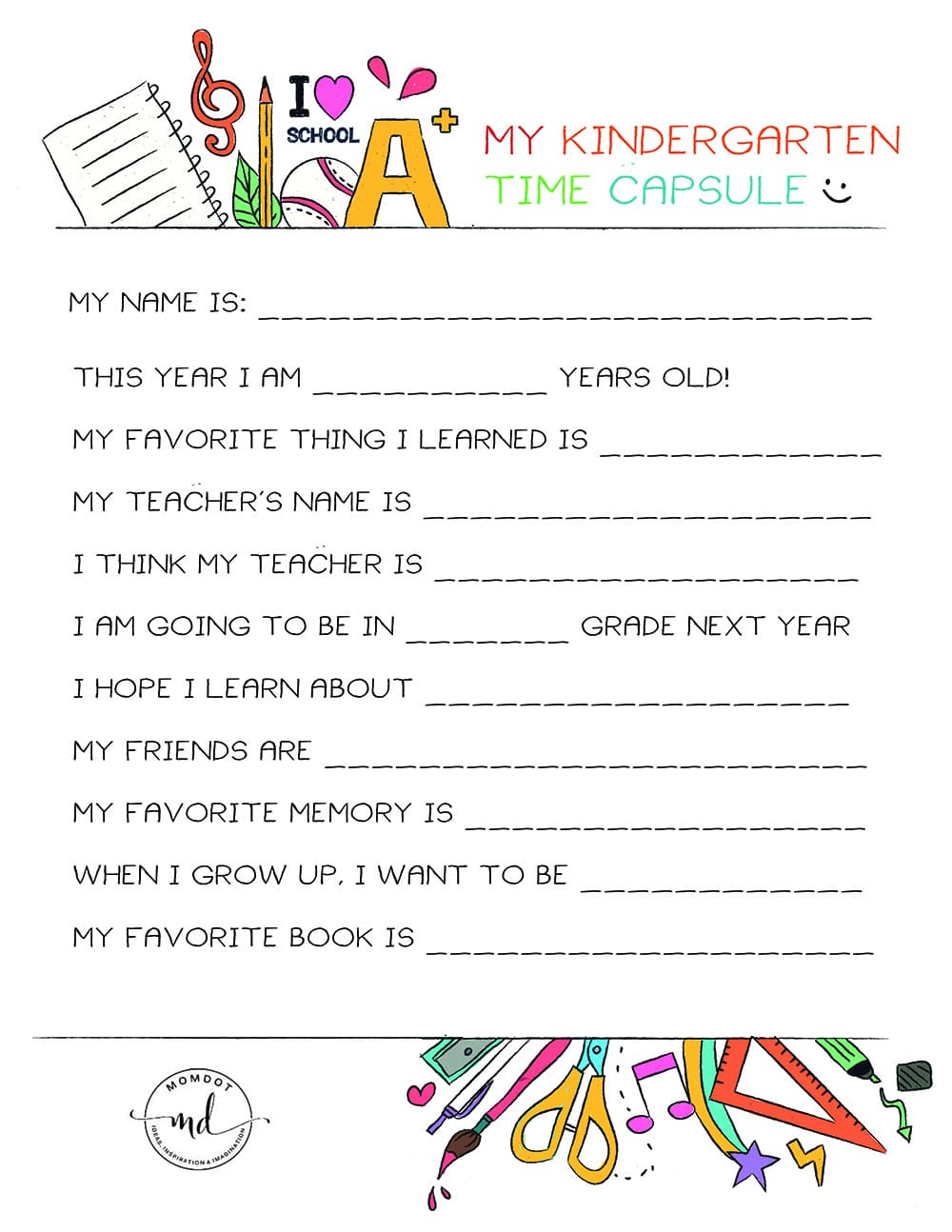 Kindergarten Time Capsule Free Printable - Momdot in Free Time Capsule Printables
