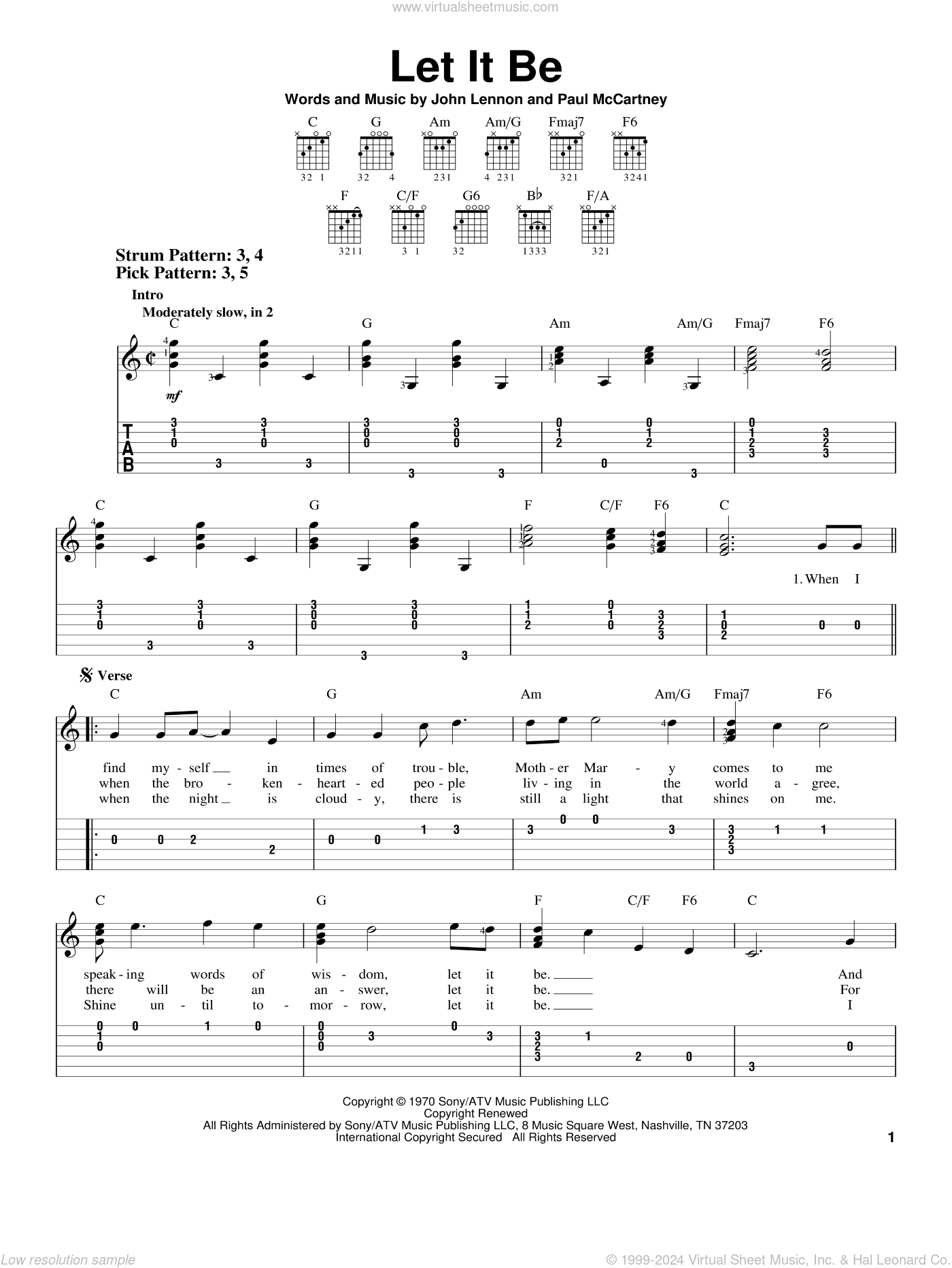 Let It Be Sheet Music (Easy) For Guitar Solo (Easy Tablature) with Beginner Free Guitar Sheet Music For Popular Songs Printable