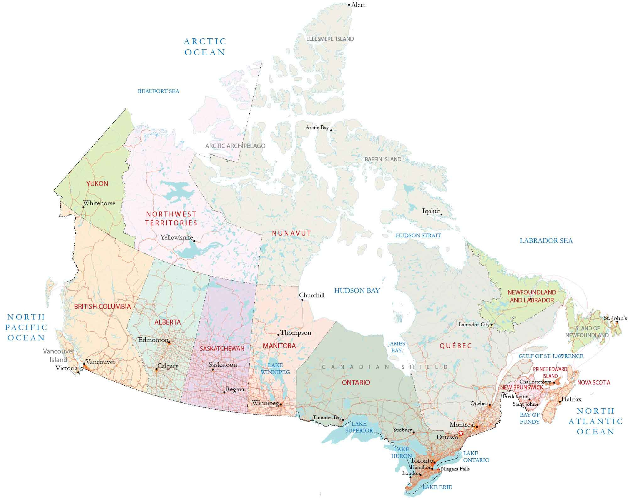 Map Of Canada - Cities And Roads - Gis Geography intended for Free Printable Map Of Canada Provinces And Territories