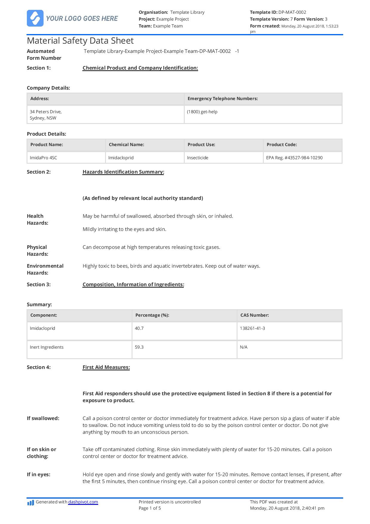 Material Safety Data Sheet Template: Download For Free for Free Datasheet Template