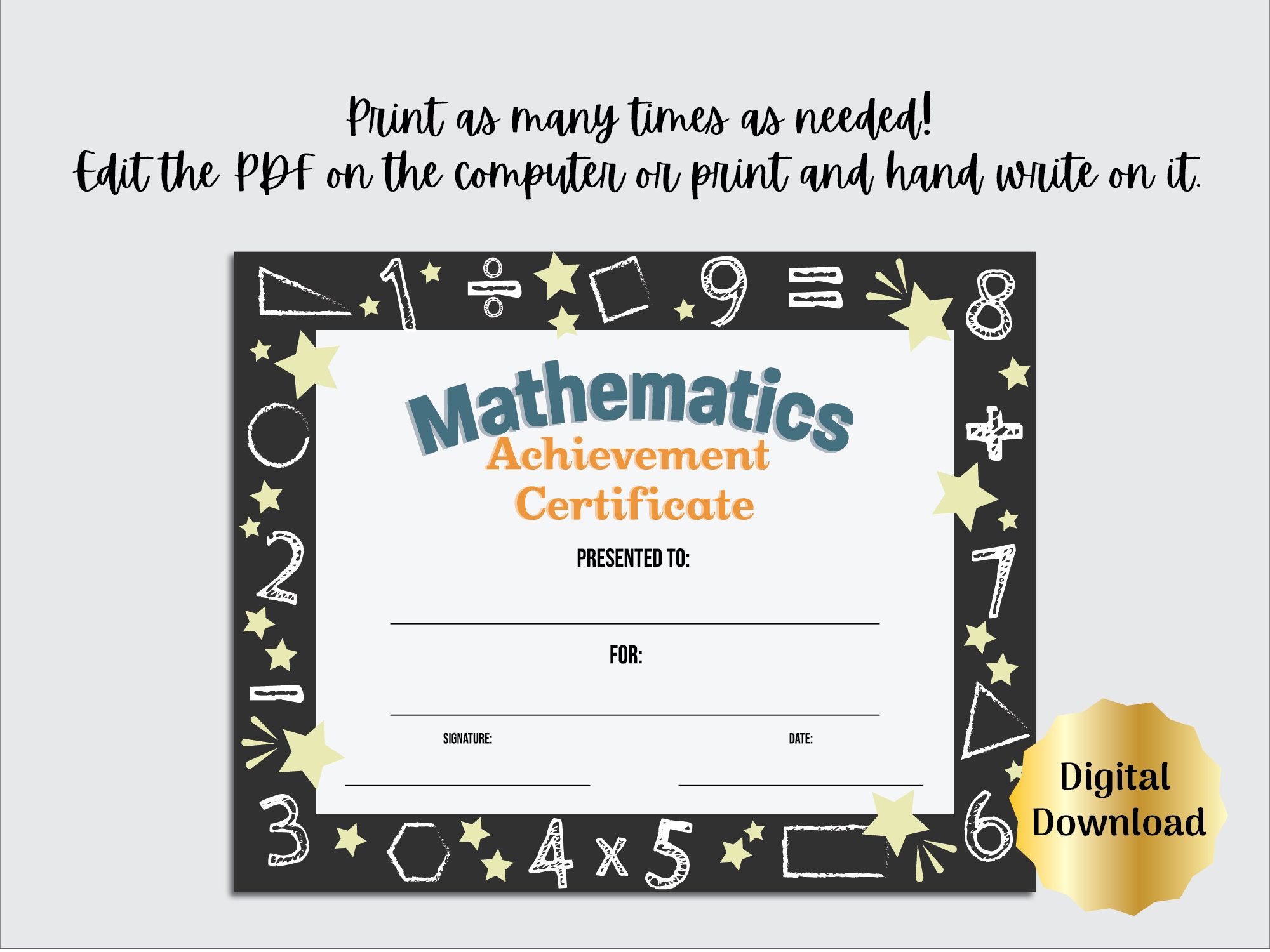 Math Certificate Award Of Recognition Template, Editable Pdf intended for Free Printable Math Certificates