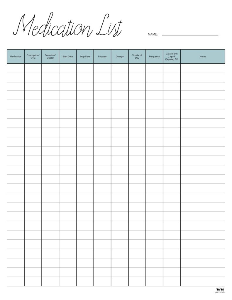 Medication List Templates - 25 Free Printables | Printabulls regarding Free Printable Medicine List