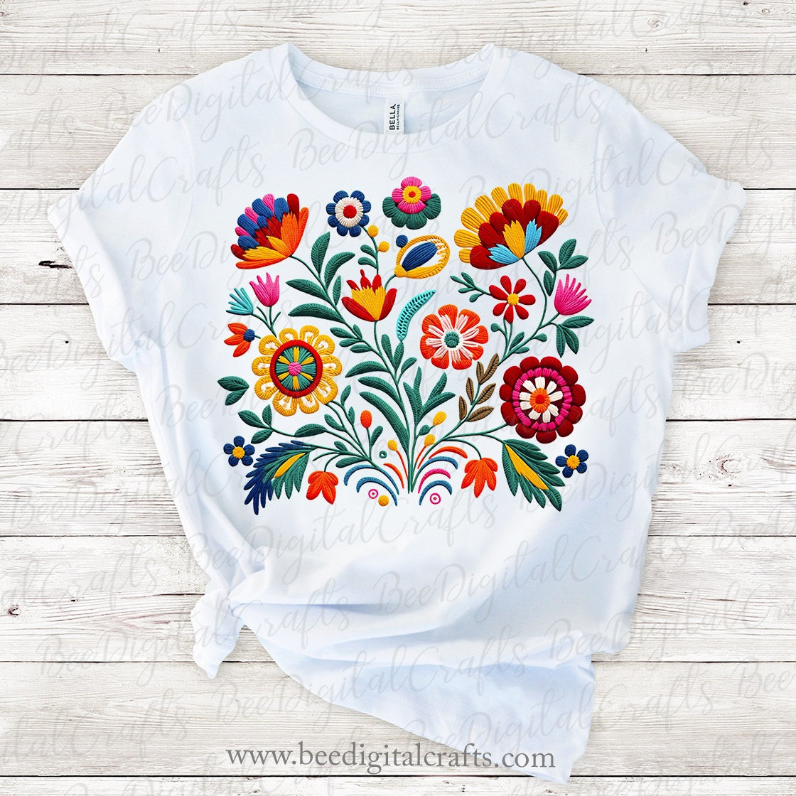 Mexican Flowers Faux Embroidery T Shirt Design Png Digital with regard to Printable Traditional Mexican Embroidery Patterns