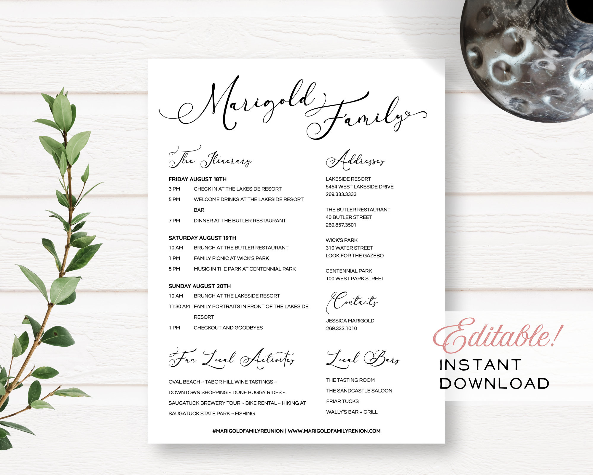 Minimalist Family Reunion Editable Customizable Event Itinerary + Details pertaining to Family Reunion Itinerary Template Free