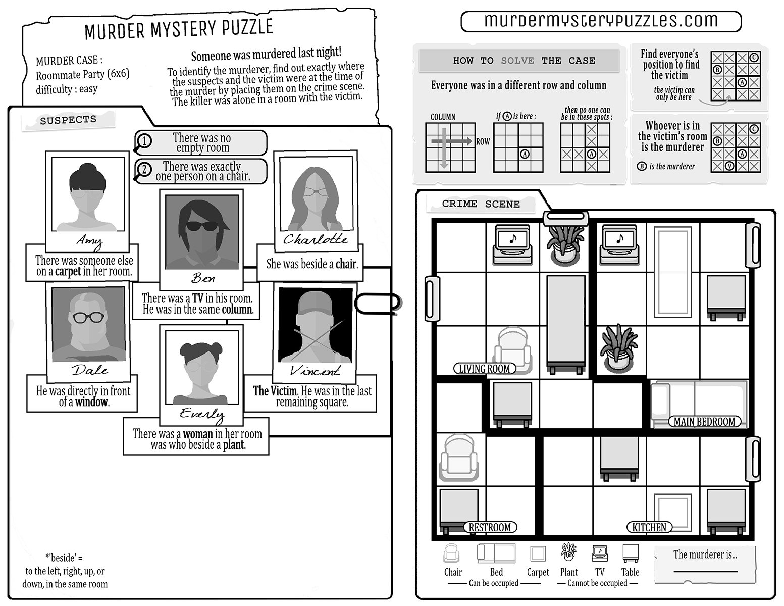 Murder Mystery Puzzles Pnp (Roommate Party, Easy Difficulty) : R with Murder Mystery Party Free Printables