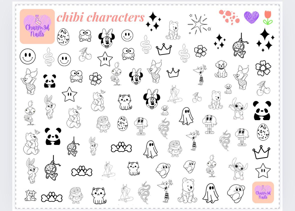 Nail Art Practice Sheet: Chibi Characters Stencil (Printable Pdf in Printable Nail Art Stencils