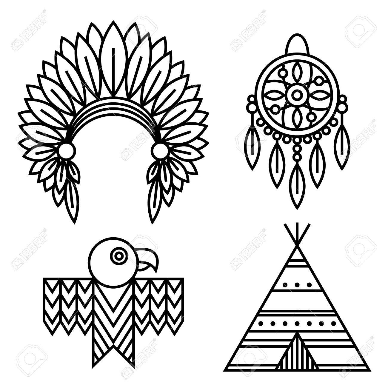 Native American Indians Icons Set Linear Style. Tribal Symbols throughout Free Native American Symbols Printables