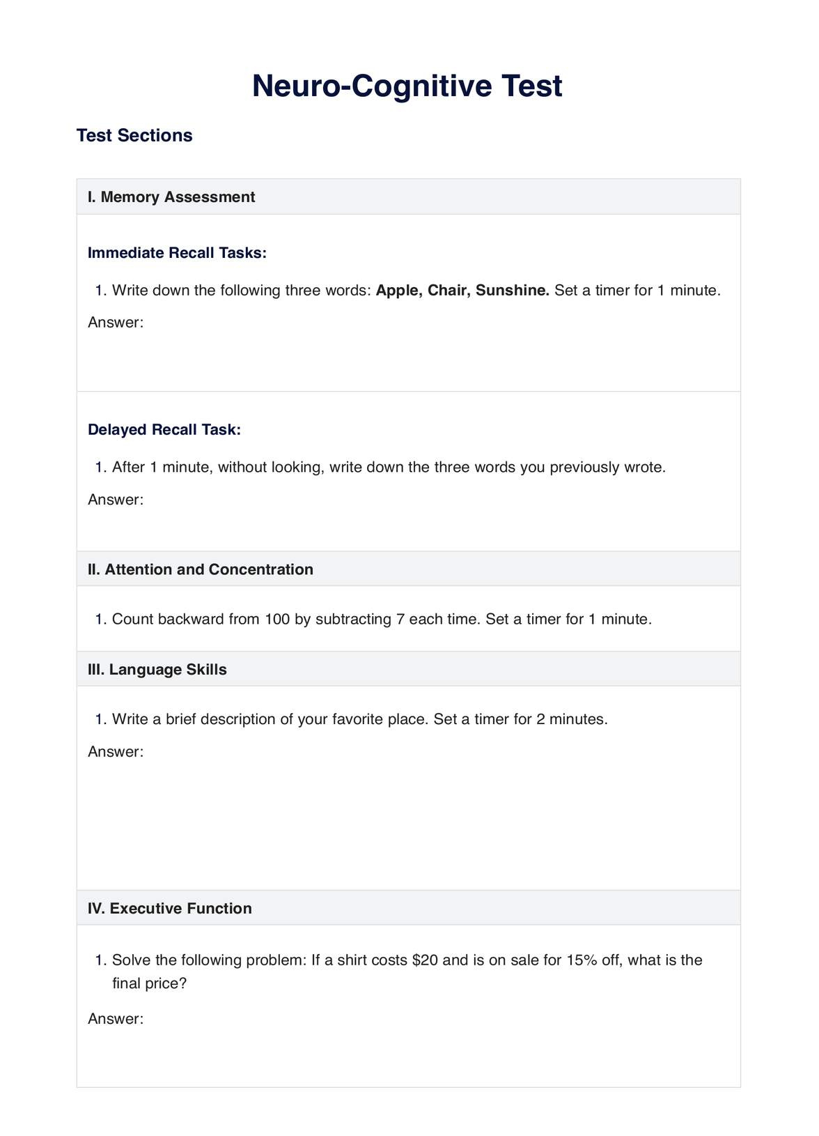 Neuro Cognitive Test inside Free Printable Cognitive Tests