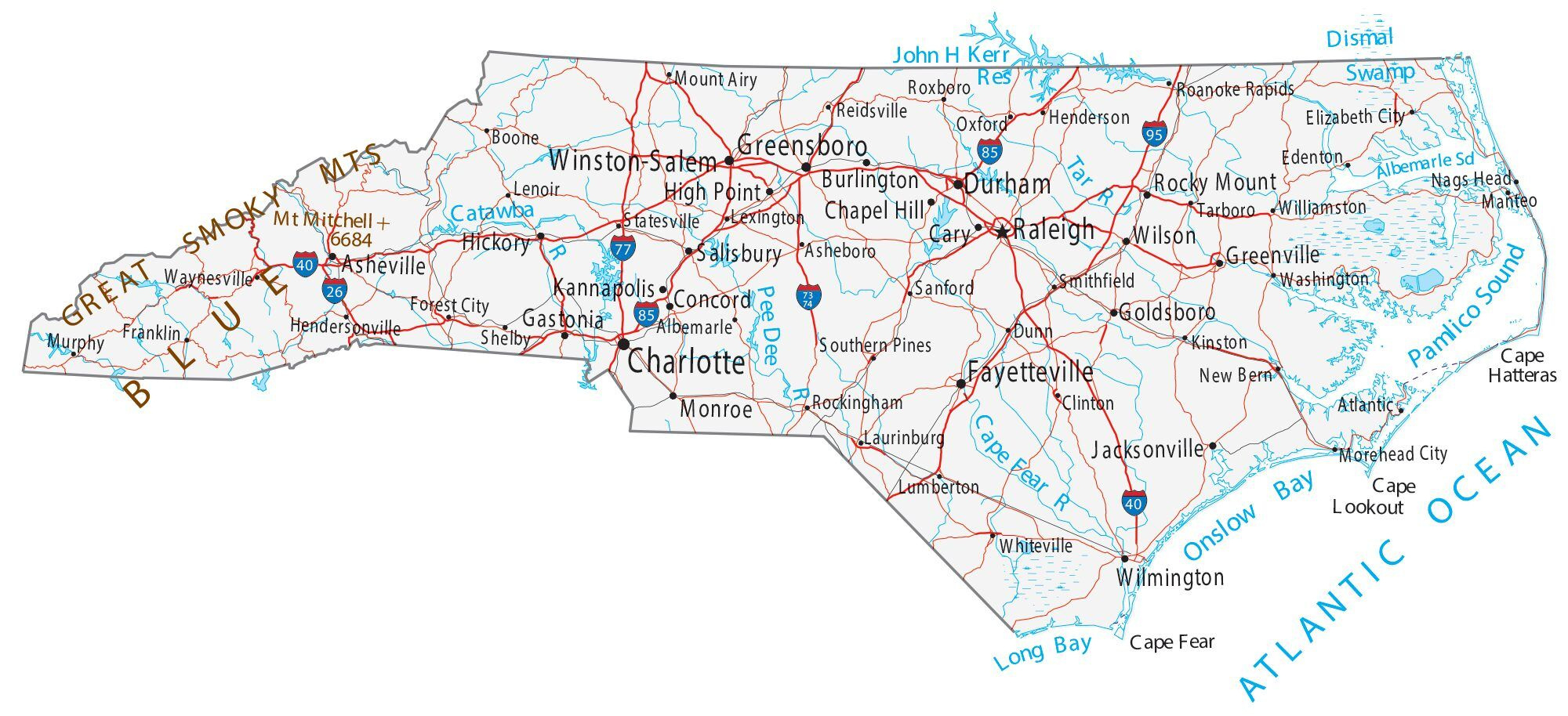 North Carolina Map - Cities And Roads - Gis Geography throughout Free Printable North Carolina Map