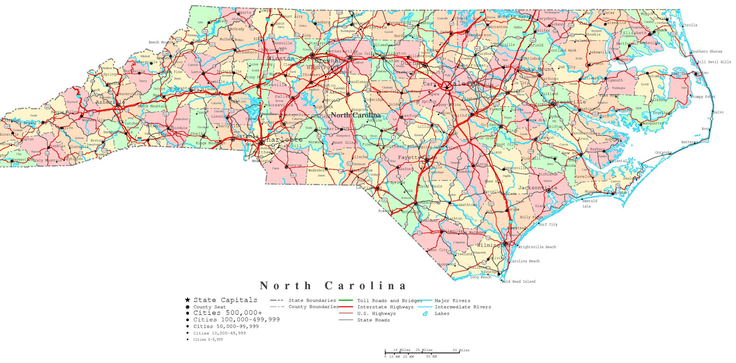 North Carolina Printable Map throughout Free Printable North Carolina Map