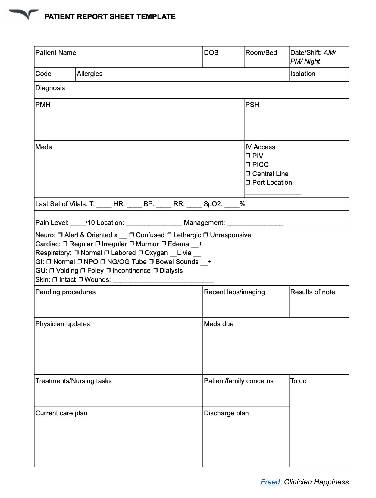 Nursing Report Sheet Template — Free Download regarding Free Nursing Report Sheet Template