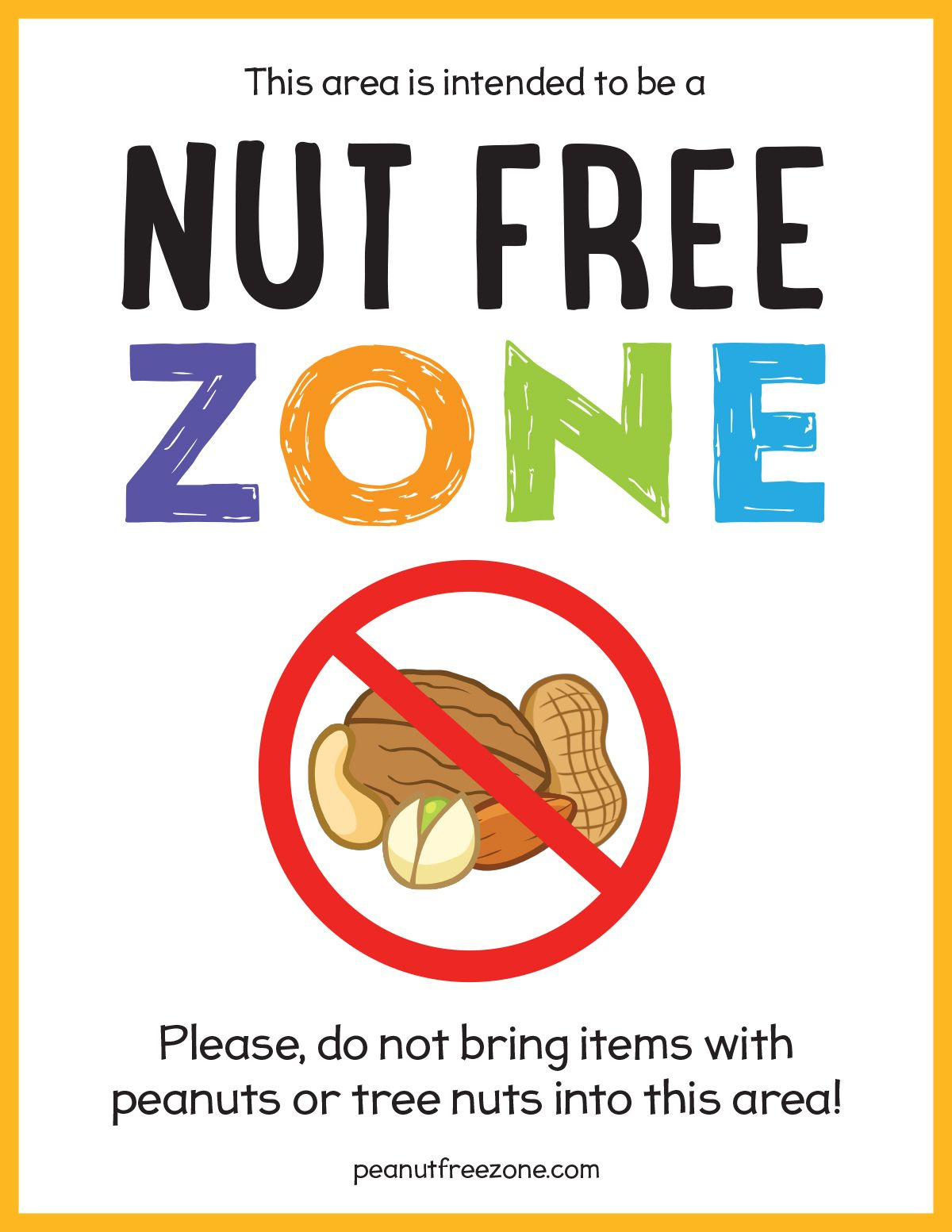 Nut Free Zone Poster, 8-1/2&amp;quot; X 11&amp;quot; for Printable Nut Free Zone Sign