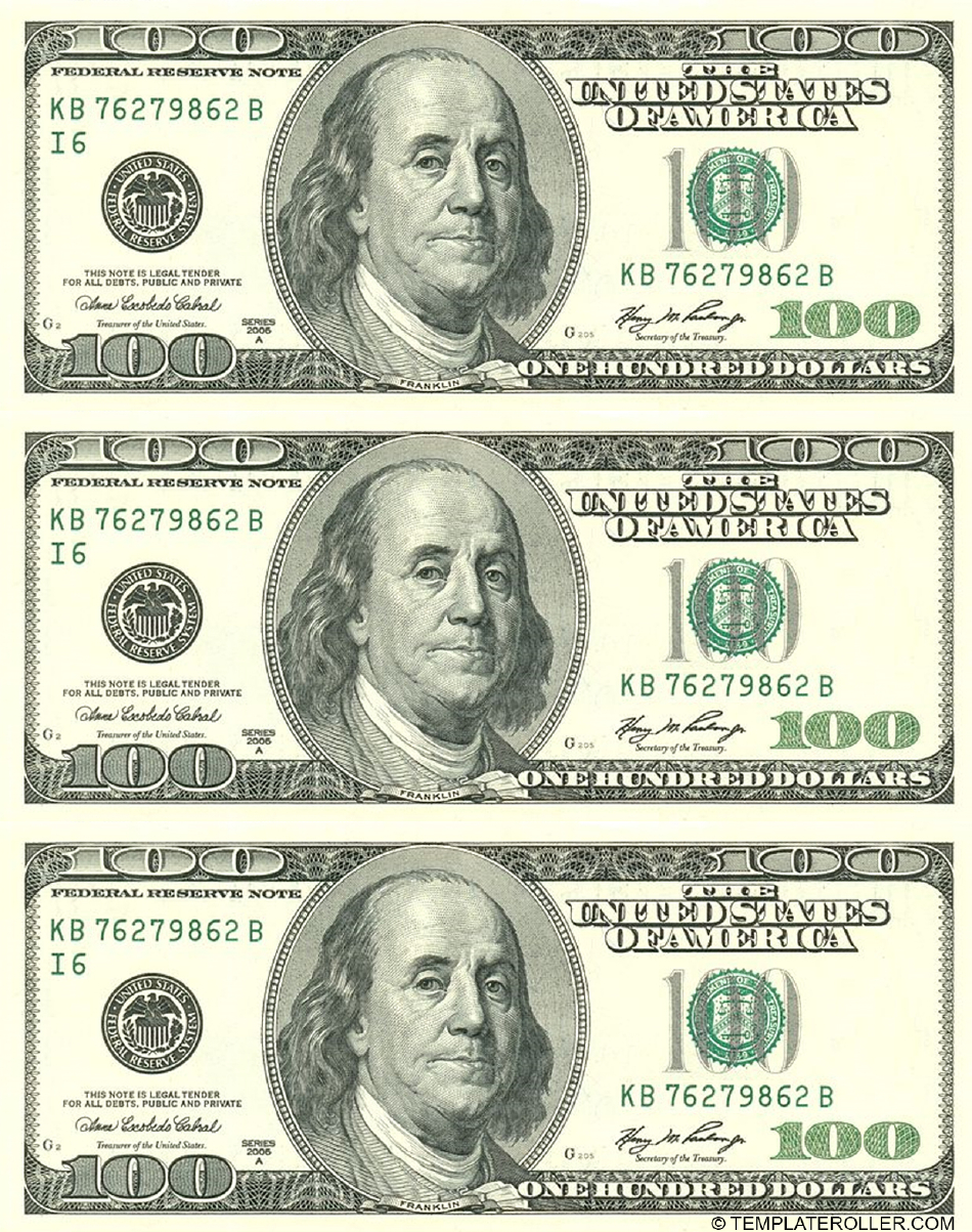 One Hundred Dollar Bill Template - Front Download Printable Pdf intended for Free Printable 100 Dollar Bill