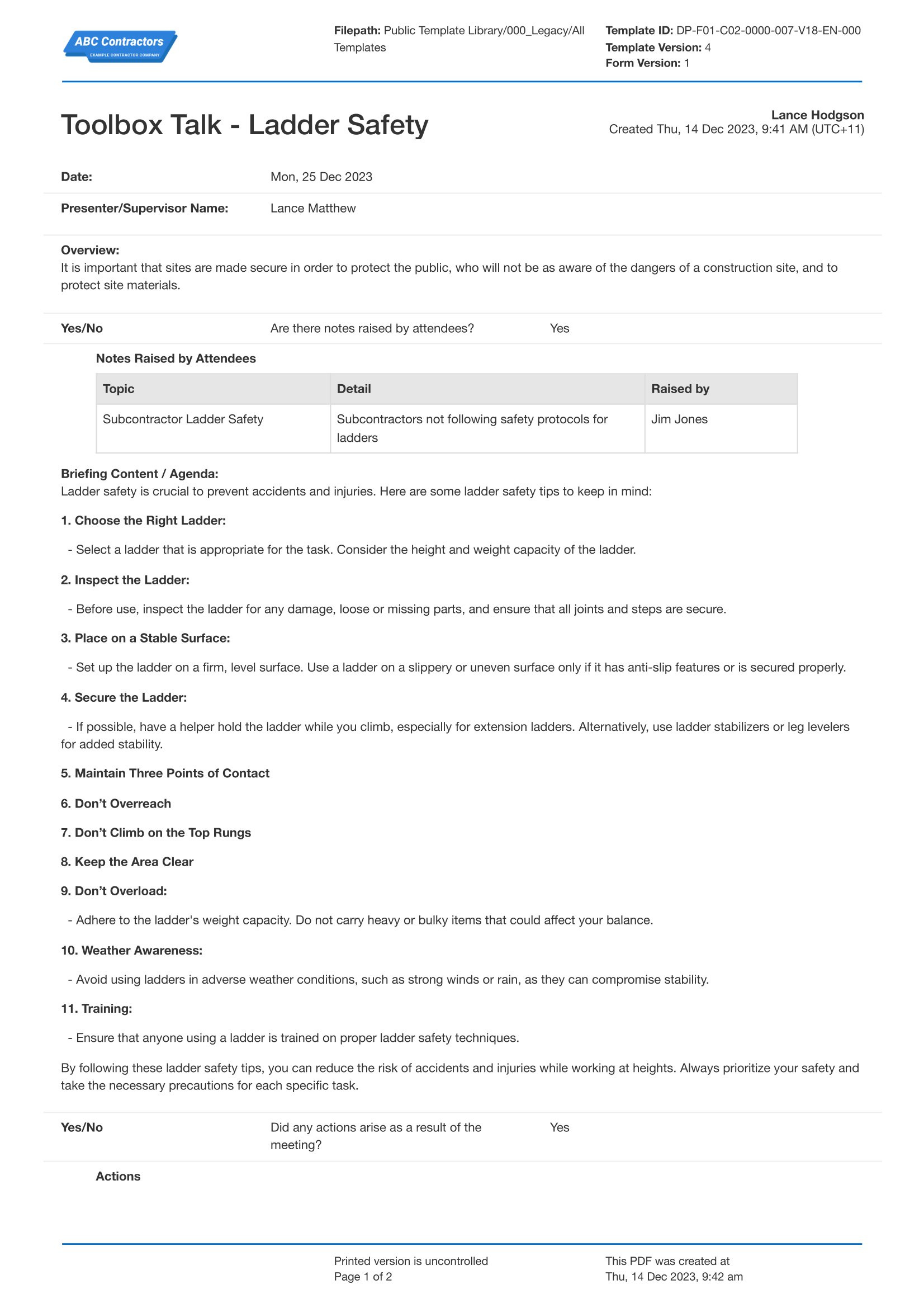 Osha Ladder Safety Toolbox Talk Template: Use The Free Template regarding Free Printable Osha Toolbox Talks