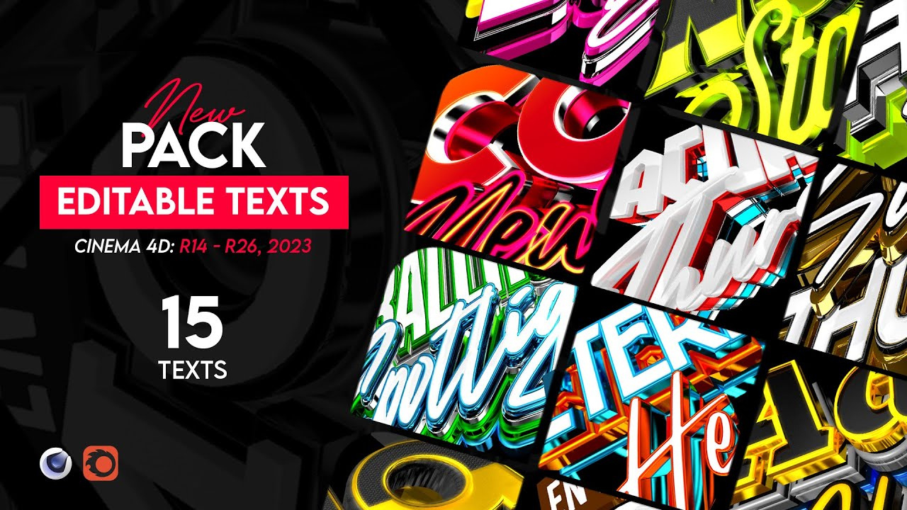 Pack Of 15 Editable Text Cinema 4D R14 - R26 | No Plugins in Free C4d Text Templates