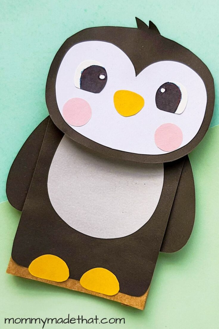 Paper Bag Penguin Craft (With Free Printable Puppet Template) with Free Printable Paper Bag Puppets