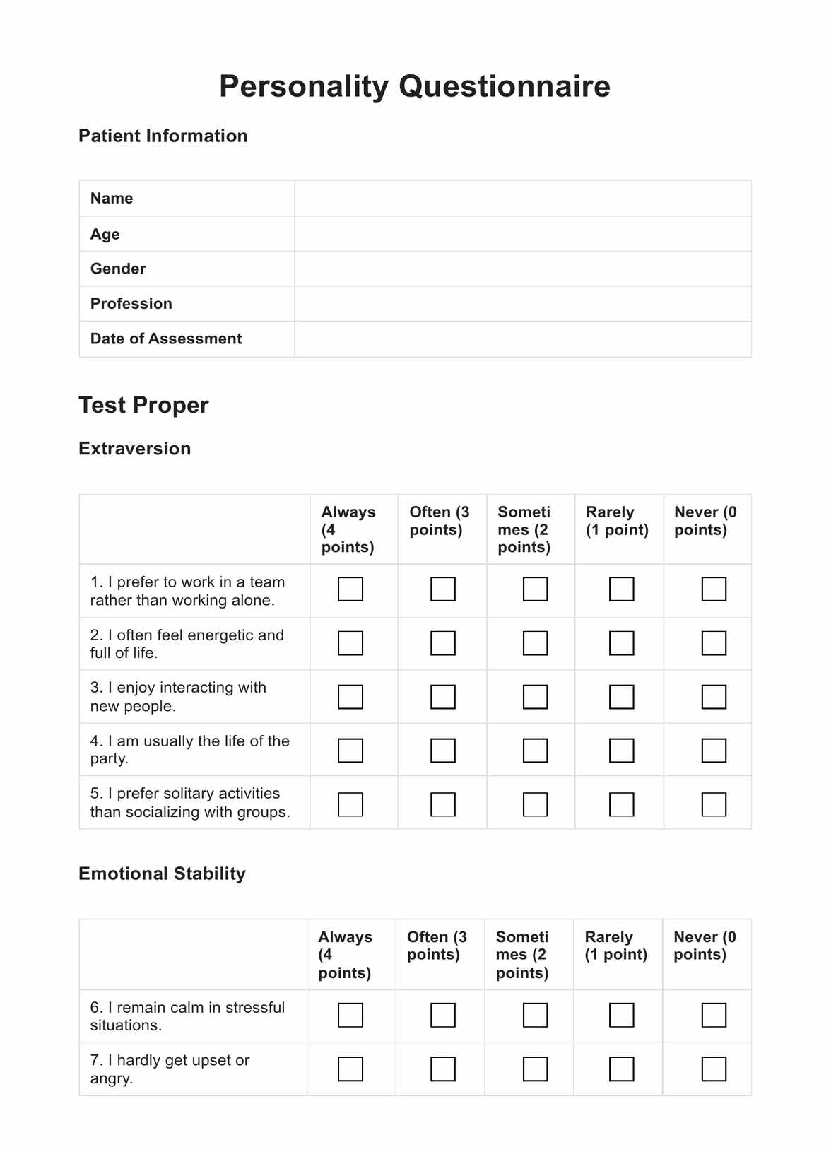 Personality Questionnaire for Free Printable Personality Tests For Employees